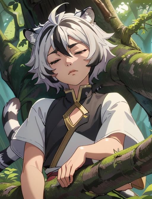 best quality, masterpiece, highres, detailed, digital illustration, <lora:Detail - add_detail:0.2>, FohlFayon, tiger boy, tiger tail, two-toned hair, white hair, black hair, tiger ears, jojo pose, <lora:Character - FohlFayon:0.8>, short hair, closed eyes, upper body, forest, sleeping, leaning on tree, 