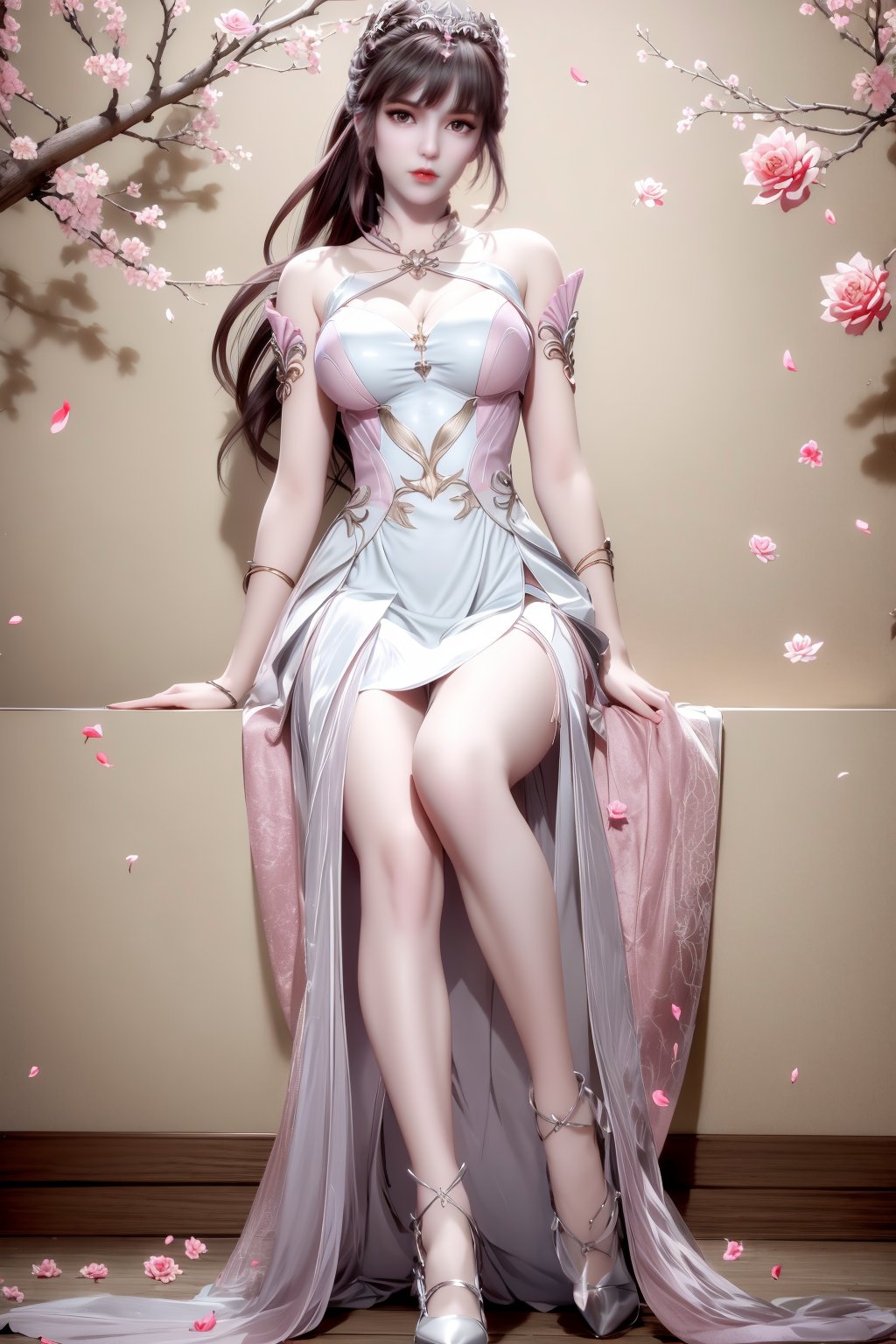 (8k, RAW photo, best quality, masterpiece:1.2),hatching (texture),skin gloss,light persona,artbook,extremely detailed CG unity 8k wallpaper,official art,(high detailed skin),glossy skin,contrapposto,female focus,sexy,fine fabric emphasis,wall paper,flower,lotus,hair ornament,branch,sitting,lily pad,tree,petals,leaf,forehead mark,1girl,solo,looking at viewer,full-body,pov,ribbon,flower,petals,pink flower,pink_dress,white_dress,long skirt,xwhd,<lora:0325xw32-000012:0.6>,ll-hd,<lora:1111白皙质感:0.5>,ty-hd,ty-hd,<lora:0110田野:0.6>,<lora:GoodHands-vanilla:1>,