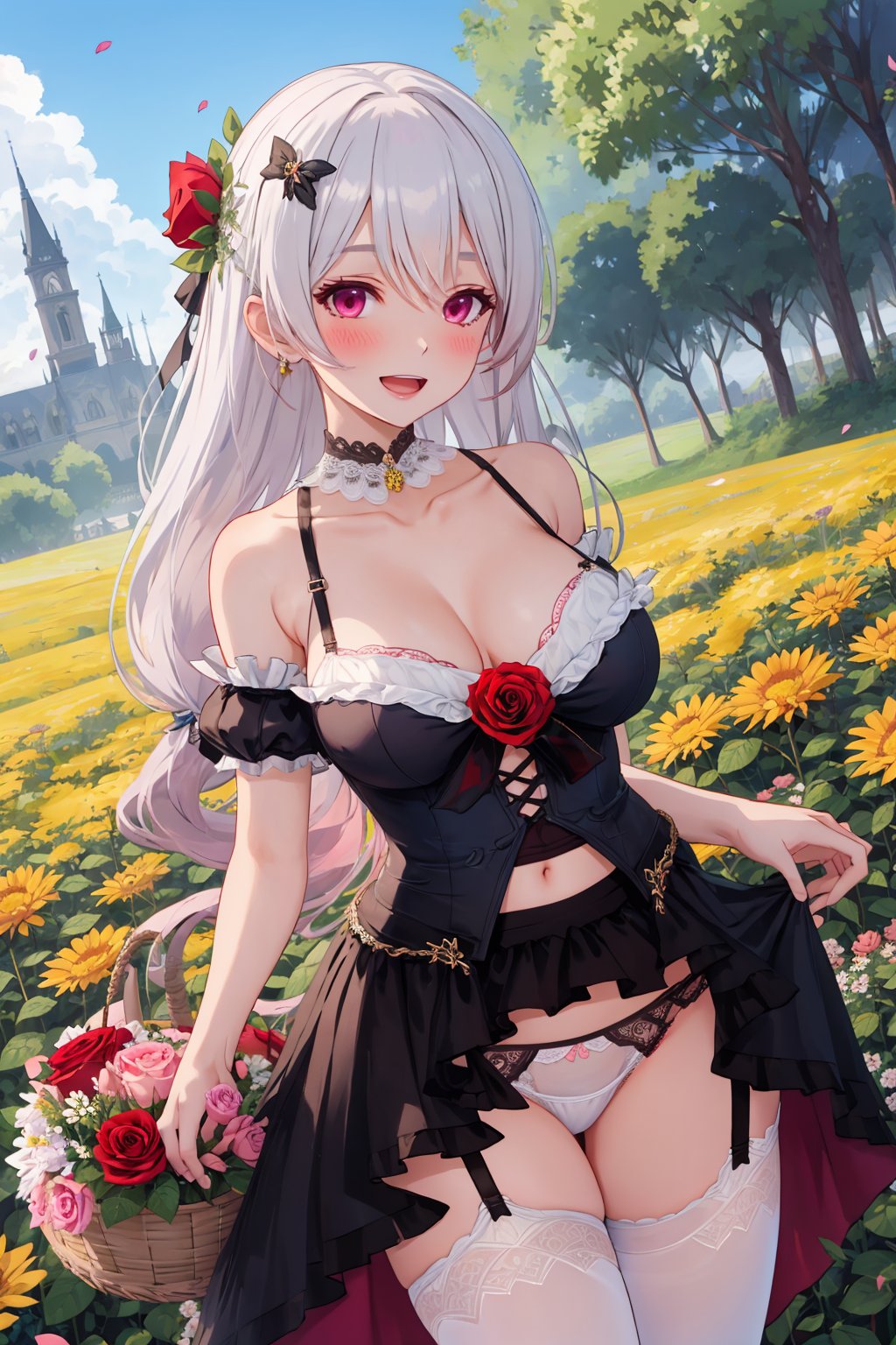 1girl, theresa apocalypse, ass visible through thighs, bangs, bare shoulders, blue flower, blush, bouquet, breasts, brown hair, cleavage, clothes lift, collarbone, curtsey, dress, dress lift, eyebrows visible through hair, falling petals, flower, flower field, garter straps, hair flower, hair ornament, halterneck, holding bouquet, large breasts, lifted by self, long hair, open mouth, outdoors, panties, petals, pink flower, pink rose, rose, rose petals, skirt basket, skirt hold, skirt lift, smile, solo, thighhighs, underwear, white flower, white legwear, white panties, yellow flower, yellow rose, <lora:Char-Honkai-Theresa:0.8>