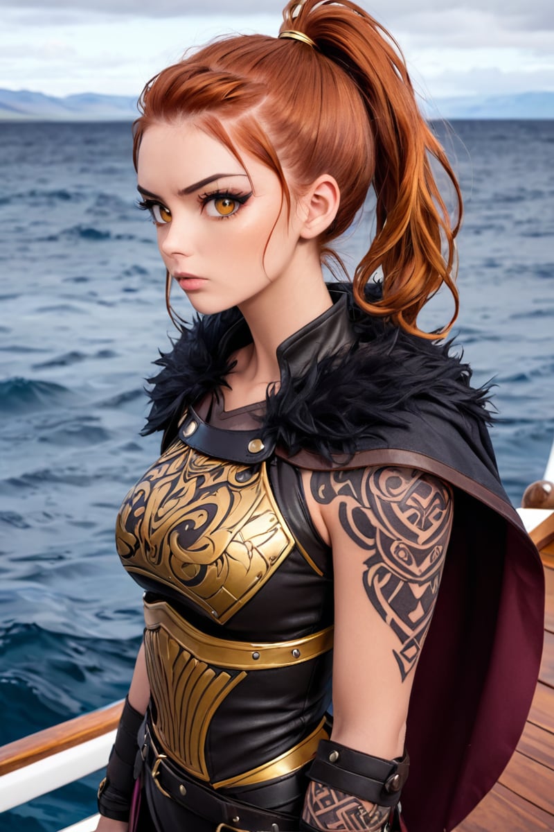 viking woman, sailing on a viking boat on iceland, full body, cinematic scene, tattoos, viking warrior, sexy, anime style, wearing furr cape, leather armor, muscular body, high definition photo, ultra detailed skin, ultra detailed face, small skin imperfections, 1girl, Ponytail, medium boobs, Boyish body, golden eyes, Plum hair