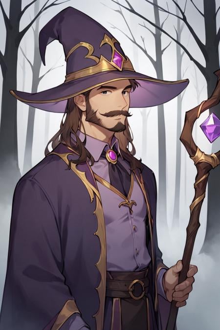 score_9, score_8_up, score_7_up, rating_safe, 1boy, solo, male focus, mature male, wizard, long hair, brown hair, black eyes, looking at viewer, hat, facial hair, beard, mustache, staff, wizard hat, purple hat, shirt, collared shirt, robe, purple robe, cloak, holding, holding staff, upper body, standing, outdoors, forest, nature, tree, fog, dark background <lora:Anime Style LoRA XL:0.7>