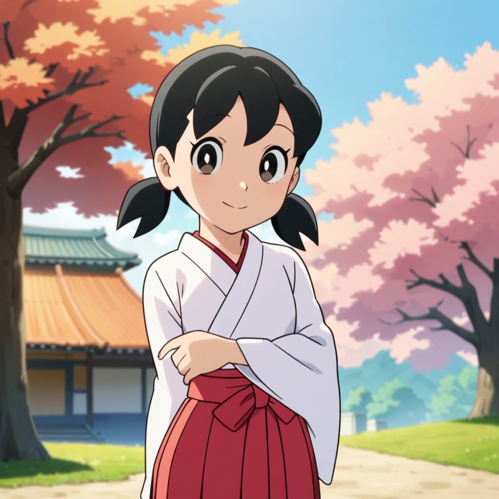 score_9, score_8_up, score_7_up, score_6_up, score_5_up, score_4_up, source_anime,minamoto shizuka,1girl, solo, japanese clothes, black hair,miko, black eyes, smile, twintails, outdoors, hakama, looking at viewer, skirt, short hair, day, short twintails, hakama skirt, tree, red hakama, long sleeves,masterpiece, perfect face, best quality, beautiful girl, cute girl, beautiful eyes, shiny eyes, anime coloring, anime screencap, absurdres, outdoors, <lora:minamoto shizuka hask 912:0.8>