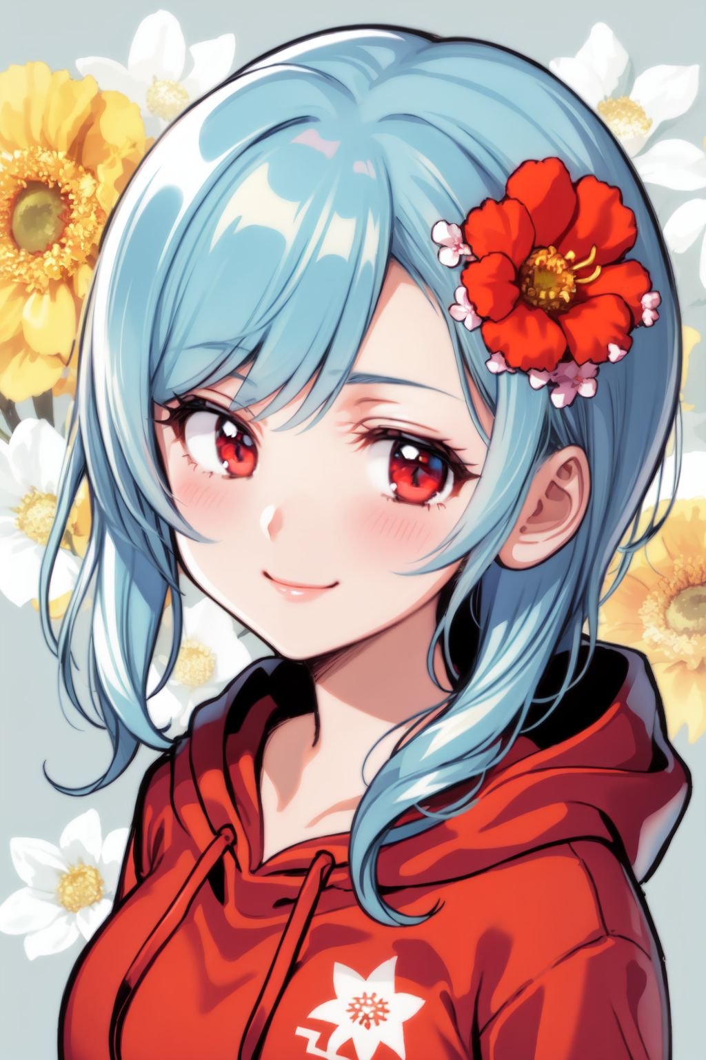 portrait, solo, 1girl, seductive smile, light blue hair, quiff, red eyes, beautiful detailed face, cream hoodie, sunbeam, Saponaria \(flower\), floral background <lora:nishizawa_style_v01:1>