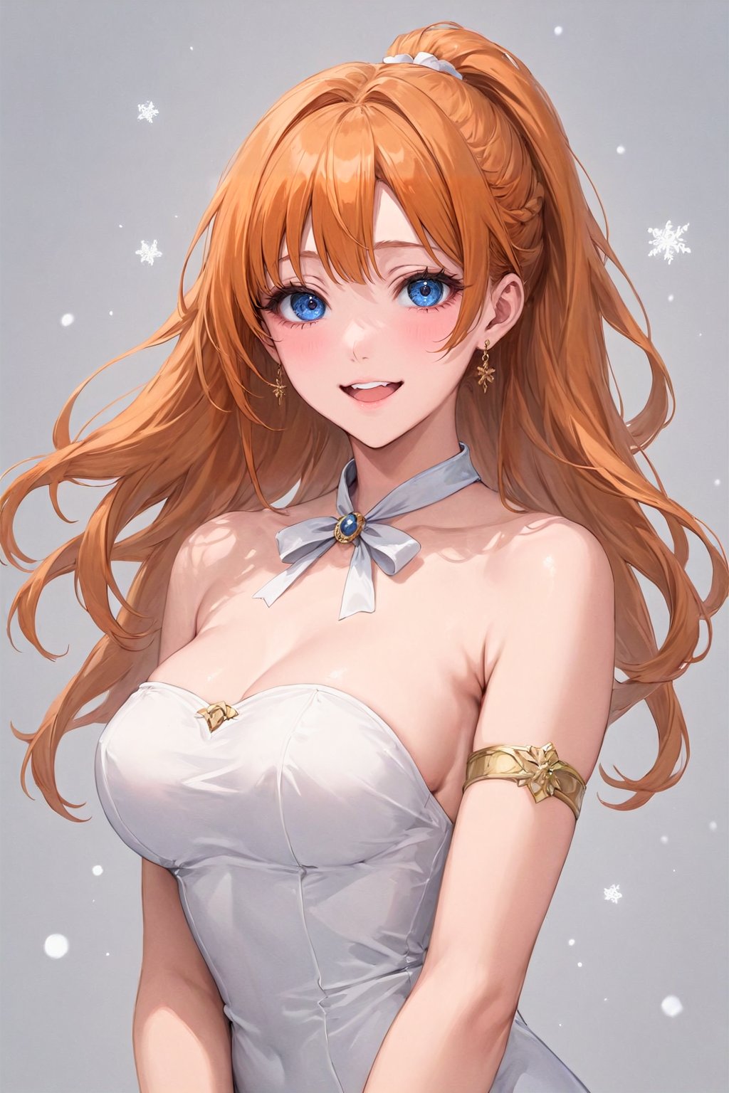 1girl, armlet, bangs, bare shoulders, breasts, chrono trigger, dress, fumezu1, grey background, high ponytail, long hair, looking at viewer, marle (chrono trigger), neck ribbon, open mouth, orange hair, parted bangs, ribbon, sidelocks, small breasts, smile, snowflakes, solo, strapless, strapless dress, teeth, tube dress, upper body, upper teeth only, white dress, basement, best quality, amazing quality, very aesthetic, incredibly absurdres, (best quality, 4k, 8k, highres, masterpiece, absurd, raytracing:1.2), absurdres, very aesthetic, (perfect hands, perfect anatomy), The highest image quality, excellent detail, ultra-high resolution, best illustration, attention to detail, detailed hands, expressive eyes, detailed eyes, detailed face, highly detailed