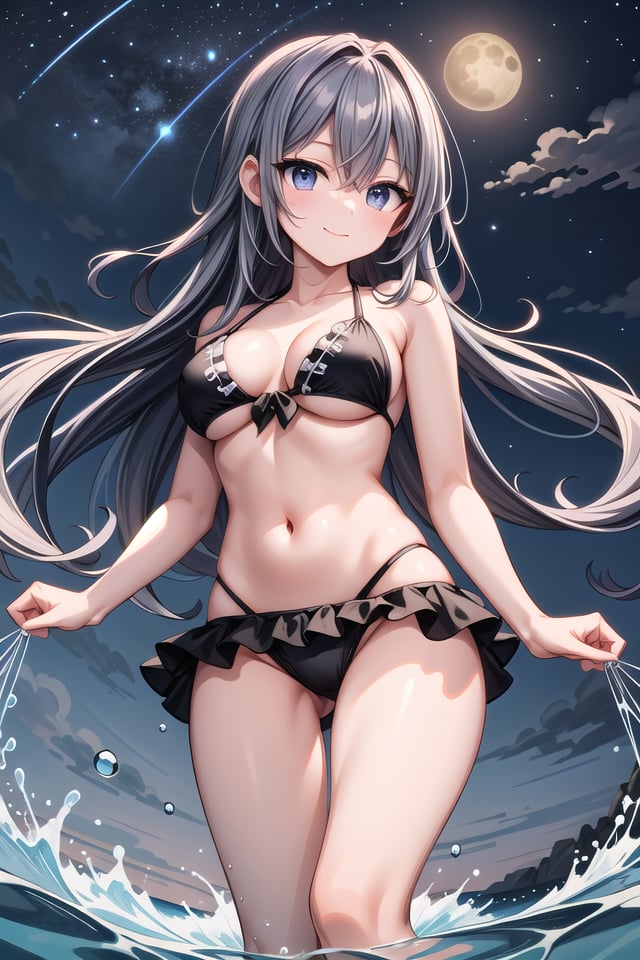 insanely detailed, absurdres, ultra-highres, ultra-detailed, best quality,1girl, solo, nice hands, perfect handsBREAK(pastel colored bikini:1.3)BREAKseductive smile, closed mouth,standing, seductive pose, cowboy shotBREAKslender, kawaii, perfect symmetrical face, ultra cute girl, ultra cute face, ultra detailed eyes, ultra detailed hair, ultra cute, ultra beautifulBREAKMidnight sea Capture the mesmerizing beauty of the ocean in the depths of the night, where the moonlight dances on the waves, depth of field, ultra detailed backgroundBREAKmedium breasts, , extremely detailed navelBREAKrainbow color hair, multiple color hair, rainbow color eyes, long hair, hair between eyes