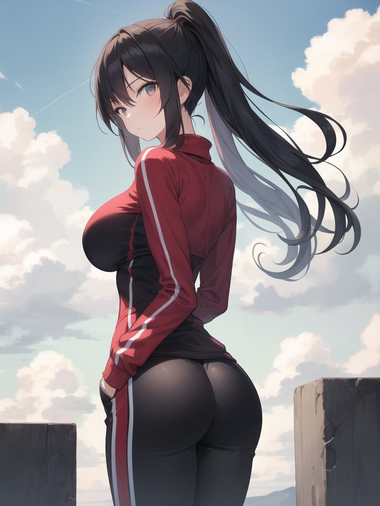 masterpiece,best quality,1girl,arms behind back,looking at viewer,black and red tracksuit,large breasts,looking at viewer,clouds,outside