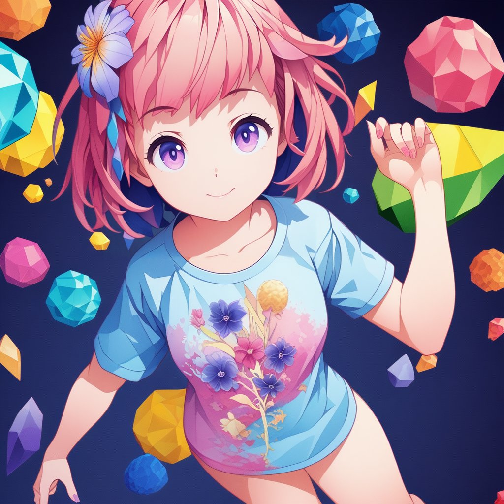 a detailed illustration of a vivid and cute best quality, fmuc, 1girl, solo, looking at viewer, cowboy shot, <lora:MuchinXL32V1.1tx1-000014:1>, head print, fantasy flower splash, vintage t-shirt design, in the style of Studio Ghibli, pastel tetradic colors of white, lilac and navy blue flora, 3D vector art, cute and quirky, fantasy art, watercolor effect, bokeh, Adobe Illustrator, hand-drawn, digital painting, low-poly, soft lighting, overhead view, isometric style, retro aesthetic, character focus, 4K resolution, photorealistic rendering, using Cinema 4D