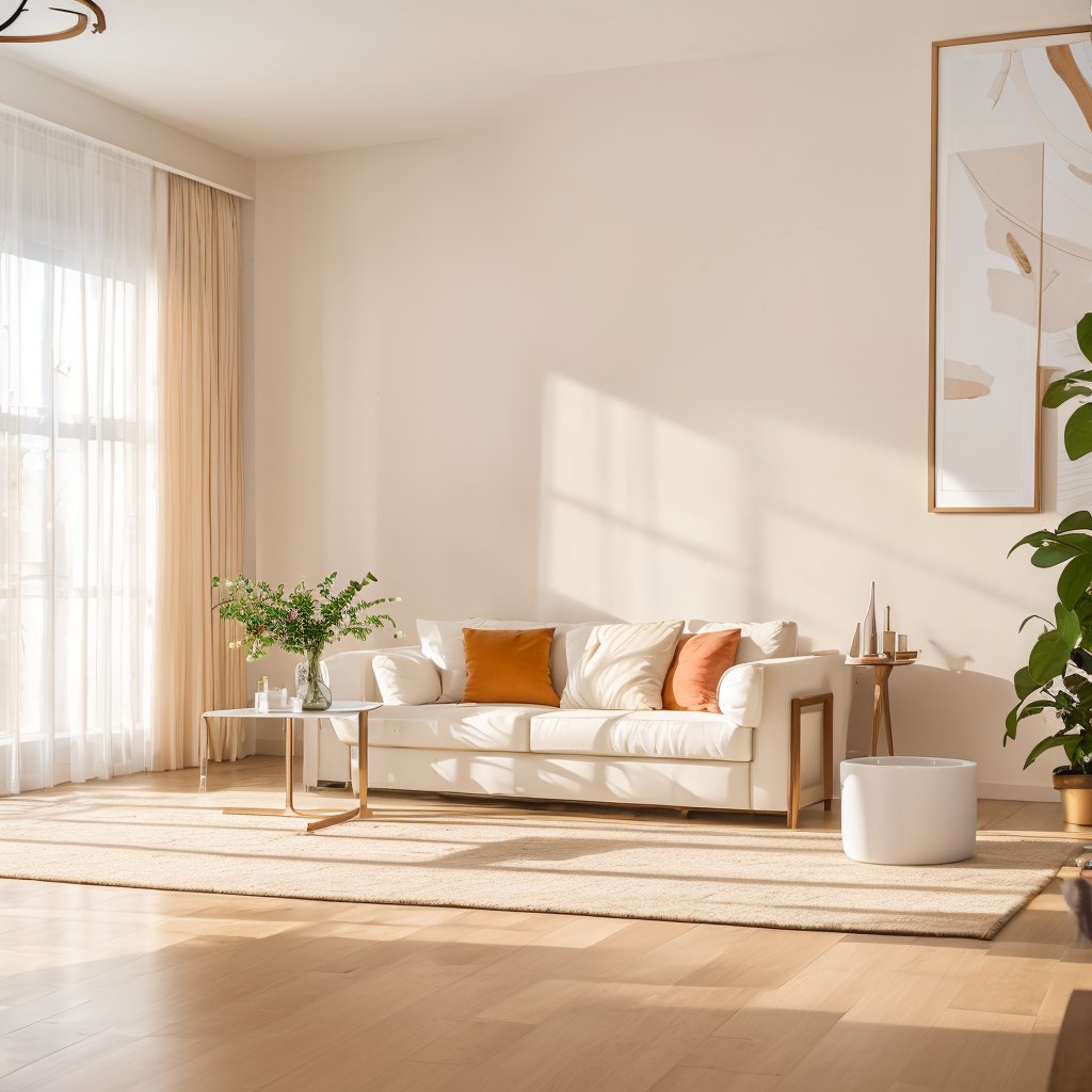 Interior, modern light luxury minimalist style, super wide Angle, soft light, white walls, large floor-to-ceiling Windows, 1 pot plant, white tulle curtains, early morning, RAW color photos, professional photos, masterpieces, best quality, realistic