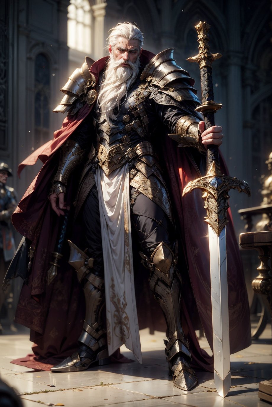 solo, looking at viewer, short hair, 1boy, holding, closed mouth, standing, full body, weapon, white hair, grey hair, male focus, sword, cape, holding weapon, armor, blurry, blurry background, glowing, facial hair, scar, holding sword, shoulder armor, gauntlets, beard, scar on face, pauldrons, mature male, mustache, scar across eye, black cape, manly, greaves, old, planted, old man, planted sword, glowing weapon, energy sword, glowing sword