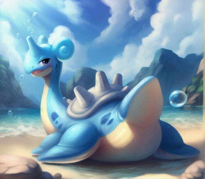 Masterpiece,high quality,beautiful landscape,(lapras:1.1),no human,happy,smooth body,blue skin,Pale yellow abdomen,Rocky shell ,Curled ears,flipper,Short tail, pokemon/(creature),shy,bubble,