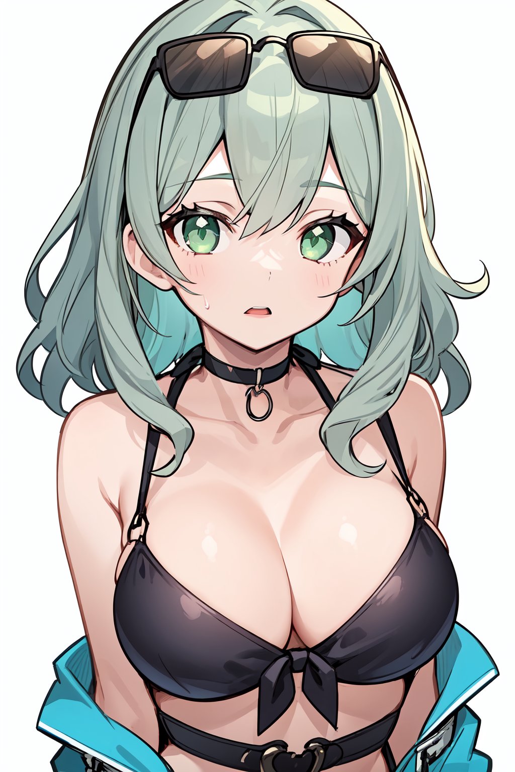 1girl, , alternate costume, bikini, breasts, chest belt, choker, cleavage, collarbone, eyewear on head, front-tie top, green eyes, grey hair, large breasts, looking at viewer, medium hair, open mouth, simple background, solo, strap, sunglasses, swimsuit, virtual youtuber, wavy hair, white background, 