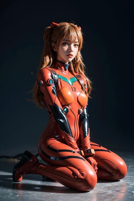 best quality, masterpiece, realistic, photorealistic, 1girl, solo, looking at viewer, full body, wariza, long hair, asuka cosplay costume, cosplay, plugsuit, bodysuit, hair ornament, detailed background, <lora:asuka_cosplay_costume_v1:0.65>