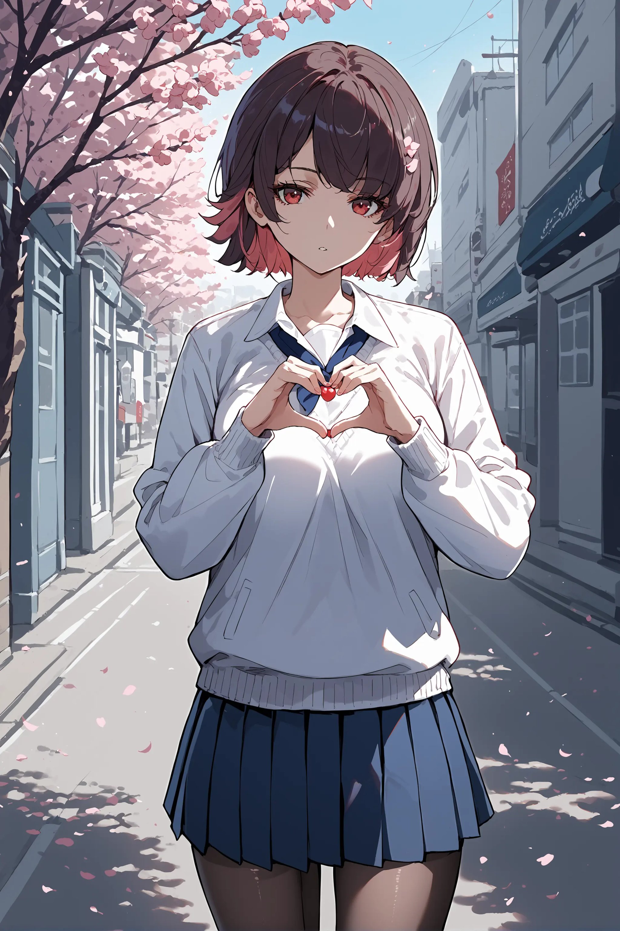 score_9, score_8_up, score_7_up, source_anime, 1girl, ellen joe, solo, school uniform, white shirt, sweater, pleated skirt, pantyhose, expressionless, looking at viewer, parted lips, heart hands, outdoors, street, cherry blossoms, petals, depth of field  <lora:Char-ZZZ-EllenJoe-pony-V1:0.8>