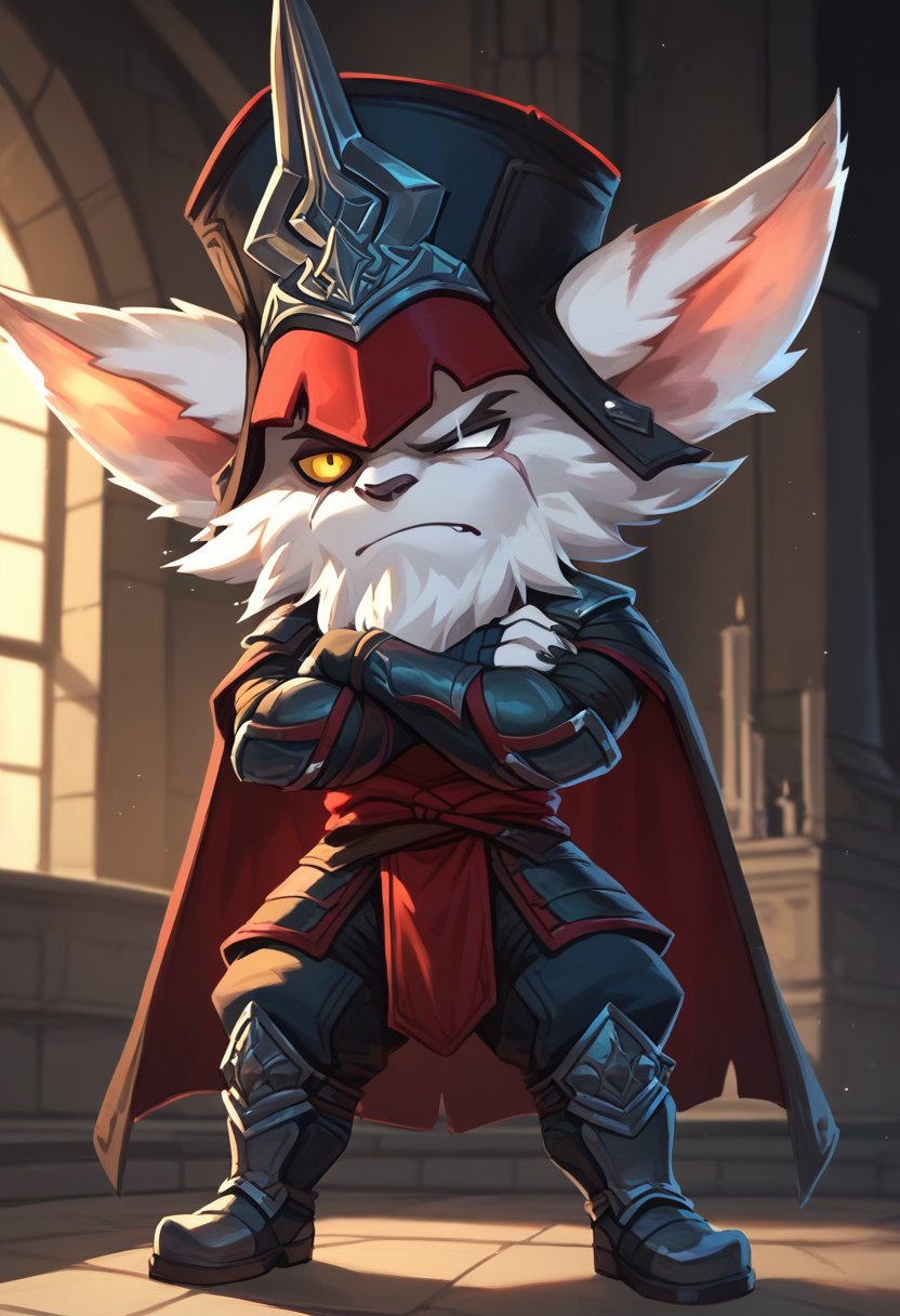 score_9, score_8_up, score_7_up, score_6_up, kl3d, 1boy, yordle, male focus, yellow eyes, white eye,scar across eye, one-eyed, facial hair, beard,  hat, black headwear, ears through headwear, armor, gloves, fingerless gloves, pants, boots , <lora:Kled_Default_v1:0.7>, castle, indoors, (bored), crossed arms