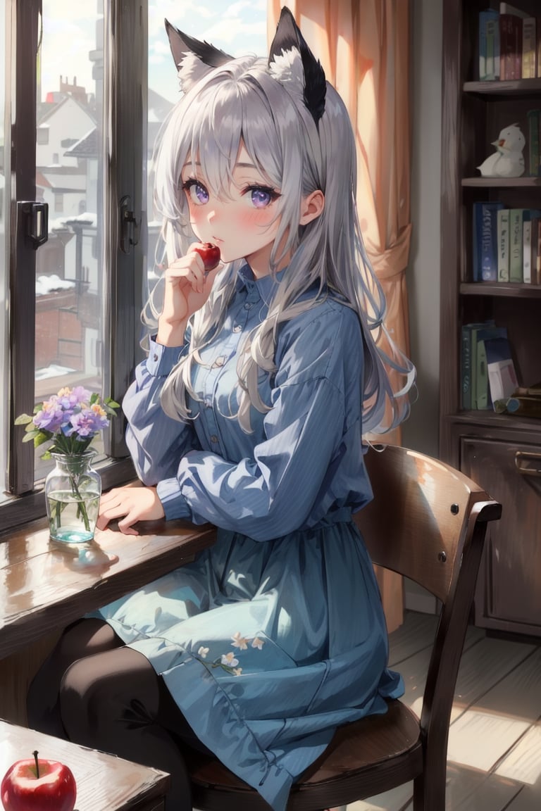 1girl, bird, purple eyes, animal ears, flower, window, blue flower, solo, hair between eyes, fruit, book, bookshelf, long sleeves, looking at viewer, food, long hair, blush, crow, animal, indoors, sitting, bangs, chair, grey hair, shirt, open window, apple, petals, vase