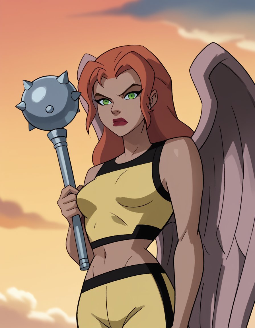 dcaustyle, 1girl, solo, upper body, shayera hol, feathered wings, green eyes, orange hair, parted bangs, yellow sports bra, yellow track pants, pointy breasts, midriff, floating, midair, holding mace, sky, sunset, cloud, annoyed, (angry:0.5), score_9, score_8_up, score_7_up