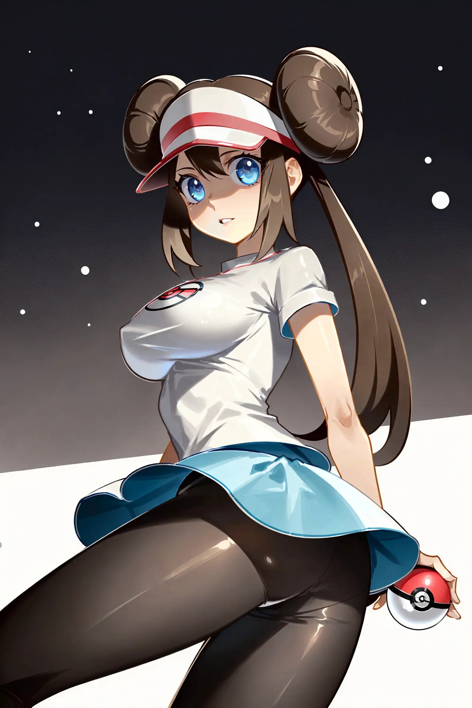 by jnthed, 1girl, rosa (pokemon), solo, breasts, pantyhose, double bun, poke ball, hair bun, blue eyes, ass, visor cap, twintails, brown hair, large breasts, long hair, poke ball (basic), holding poke ball, looking at viewer, covered nipples, holding