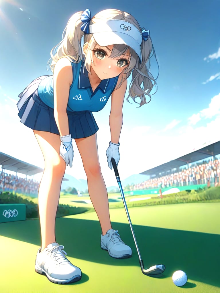 source_anime, playing golf, holding golf club stick, golf course, full body, 1girl, leaning forward, olympic rings, gloves, visor cap, polo shirt, sleeveless, skirt, shoes, grey hair, blonde hair, golden hair, twintails, ribbon, big tits, outdoors, ball pit, <lora:girllikeplayinggolf_pony:0.9>