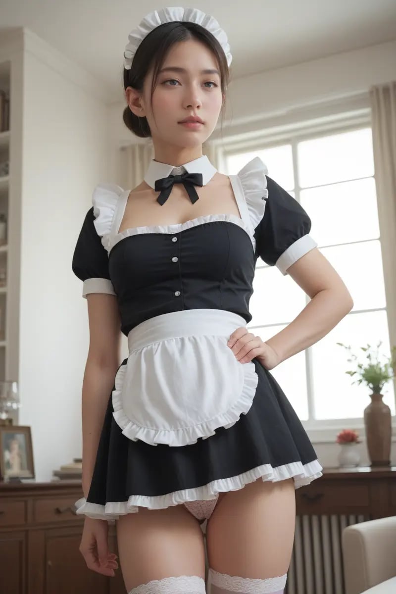 score_9, score_8_up, score_7_up,indoors, 18 years old,1girl,maid, very short skirt, visible panties, pubic hairs,