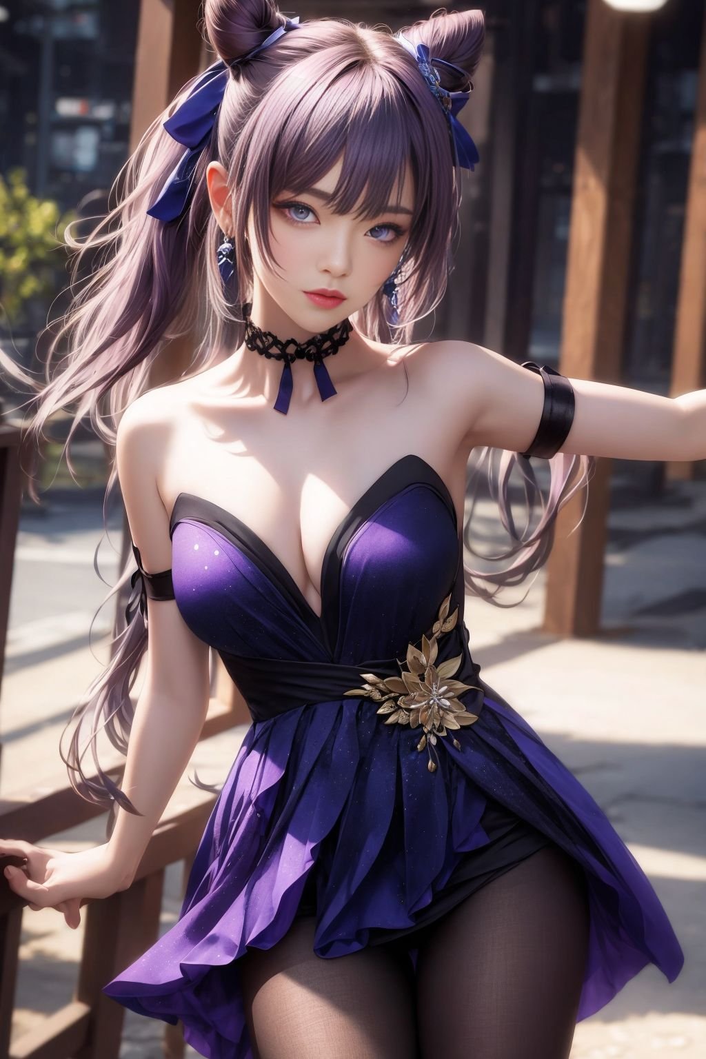 ultra realistic 8k cg,picture-perfect face,flawless,clean,masterpiece,professional artwork,famous artwork,cinematic lighting,cinematic bloom,perfect face,beautiful face,beautiful eyes,fantasy,dreamlike,unreal,science fiction,keqing,1girl, solo, long hair, breasts, looking at viewer, blush, bangs, hair ornament, dress, ribbon, cleavage, bare shoulders, twintails, medium breasts, standing, purple eyes, collarbone, hair ribbon, purple hair, pantyhose, parted lips, hair bun, black dress, official alternate costume, black pantyhose, strapless, double bun, standing on one leg, strapless dress, cone hair bun, keqing (genshin impact)