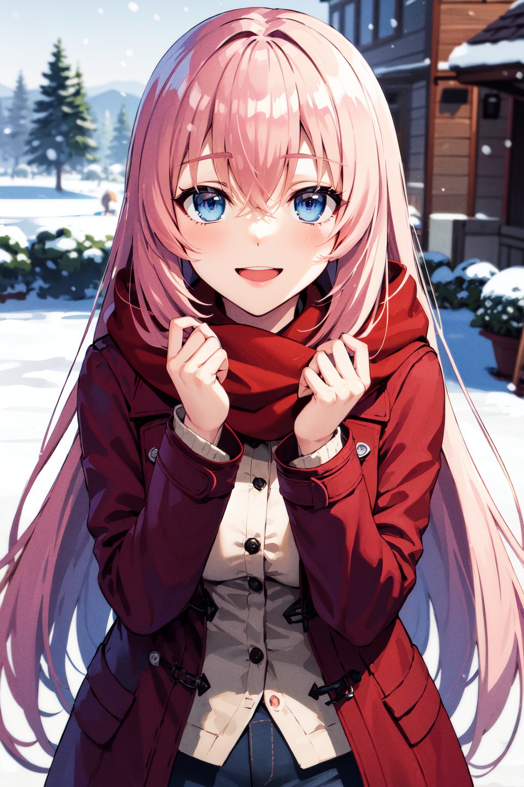masterpiece, best quality, highres, aahonami, long hair, pink hair, blue eyes,  <lora:ichinose_honami_v1:0.7>, winter clothes, red scarf, coat, snow, smile, outdoors