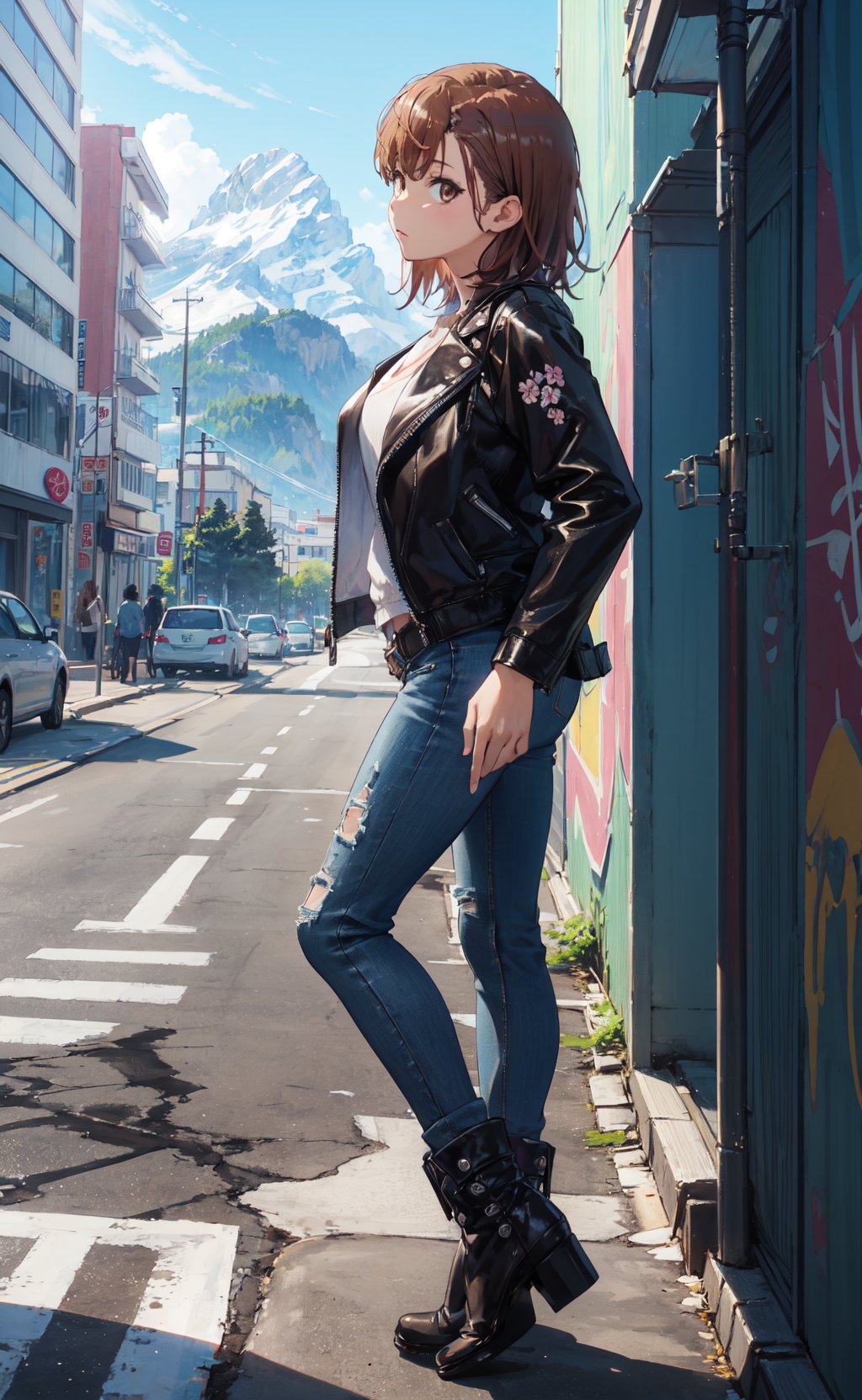 <lora:Misaka-000001:0.8>,Misaka CYQL,1girl,looking at viewer,solo,brown hair,short hair,hair ornament,hairclip,hair flower,brown eyes,(Leather_biker_jacket:1.4),(Distressed_jeans:1.3),(Studded_ankle_boots:1.2),(Street_graffiti_background:1.4),Alpine flowers, Mountain peaks, Alpine meadow, Summer blooms, Alpine landscape, Mountain breeze,(blush:1.2),(profile:1.1),from_side,beautiful detailed sky,beautiful detailed glow,posing in front of a colorful and dynamic background,masterpiece,best quality,beautiful and aesthetic,contrapposto,female focus,wallpaper,