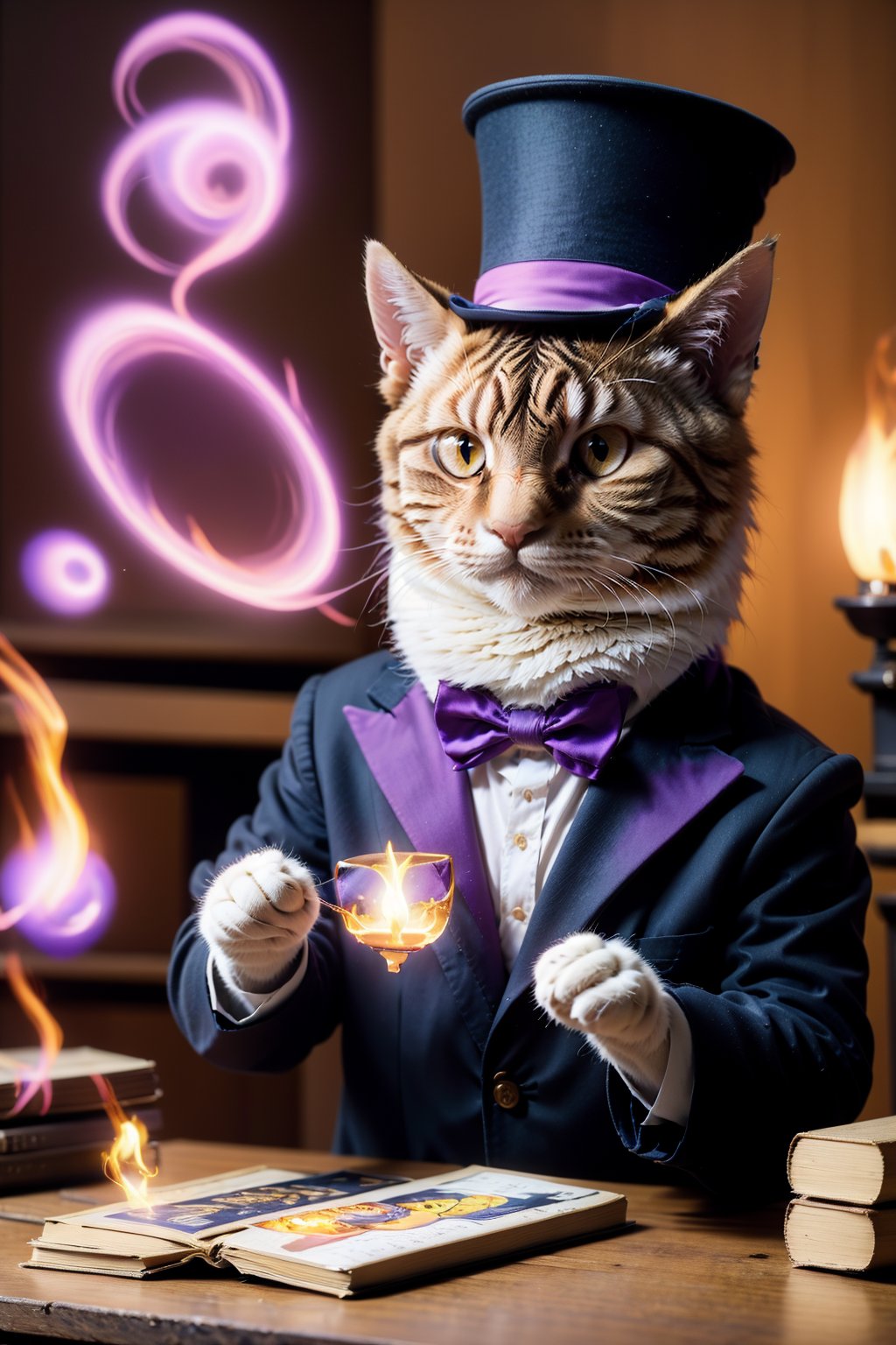 <lora:AgainRealistic_v2.0:1>,1boy, AgainRealistic_v2.0, animal, animal focus, black headwear, blurry, blurry background, book, bow, bowtie, brown eyes, candle, card, cat, clothed animal, fire, formal, hat, indoors, jacket, lamp, looking at viewer, male focus, no humans, purple bow, purple bowtie, realistic, shirt, solo, suit, table, top hat, upper body