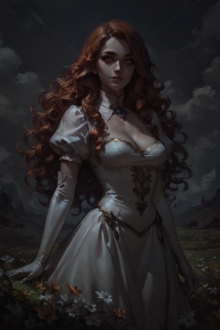 score_9, score_8_up, score_7_up, rating_safe, concept art, realistic, dark theme, low light, 1girl, solo, long hair, curly hair, wavy hair, orange hair, orange eyes, looking at viewer, breasts, dress, white dress, puffy sleeves, puffy short sleeves, short sleeves, gloves, elbow gloves, white gloves, cowboy shot, closed mouth, standing, outdoors, field, flower, grass, plant, sky <lora:Concept Art DarkSide Style LoRA_Pony XL v6:1>