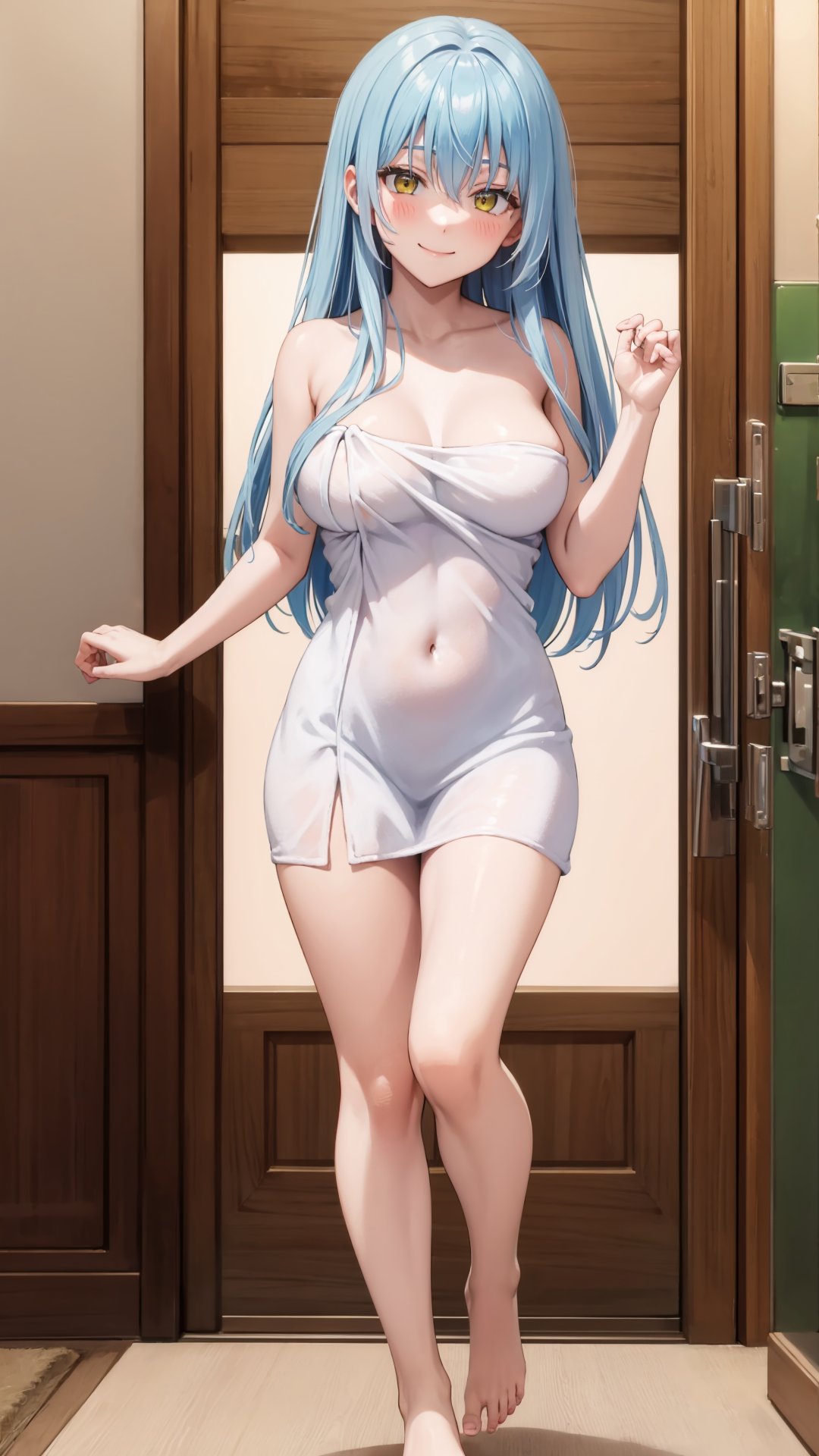 (masterpiece, best quality),ray tracing,absurdres, HDR,rimuru tempest, initial,naked towel, blue hair, yellow eyes, 1girl, , solo, long hair, closed mouth, hair between eyes, bangs, collarbone,large breasts,breasts apart,navel ,solo,  bare legs,groin,smile,blush, looking at viewer, full body, barefoot<lora:rimuru famale_v2:0.7> <lora:naked_towel_v0.1:1>