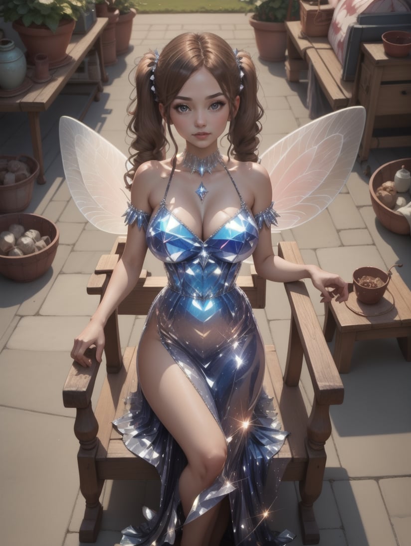 8k, masterpiece, highly detailed, high quality,1girl wearing a (crystalline dress), <lora:crystalline_dress-SD-2.0:1>brown hair twintails,gray eyes,huge breasts,antique wooden chair,fairy girl, (fairy wings), fairy dress