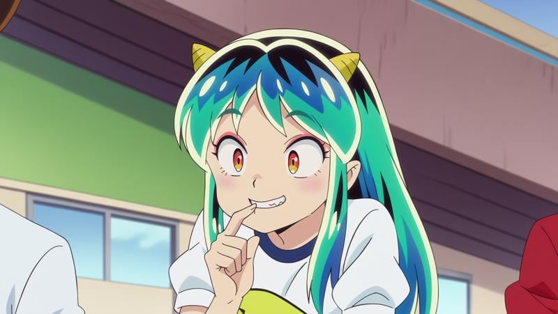 anime screencap,  Sci-fi laboratory with advanced technology and glowing vials, BREAK anime screencap,  Gym Uniform, Lum, light smile, oni horns, Biting the edge of a finger provocatively,  <lora:Private_Urusei_Yatsura_2022_-Lum-_PDXL_v2:0.8>