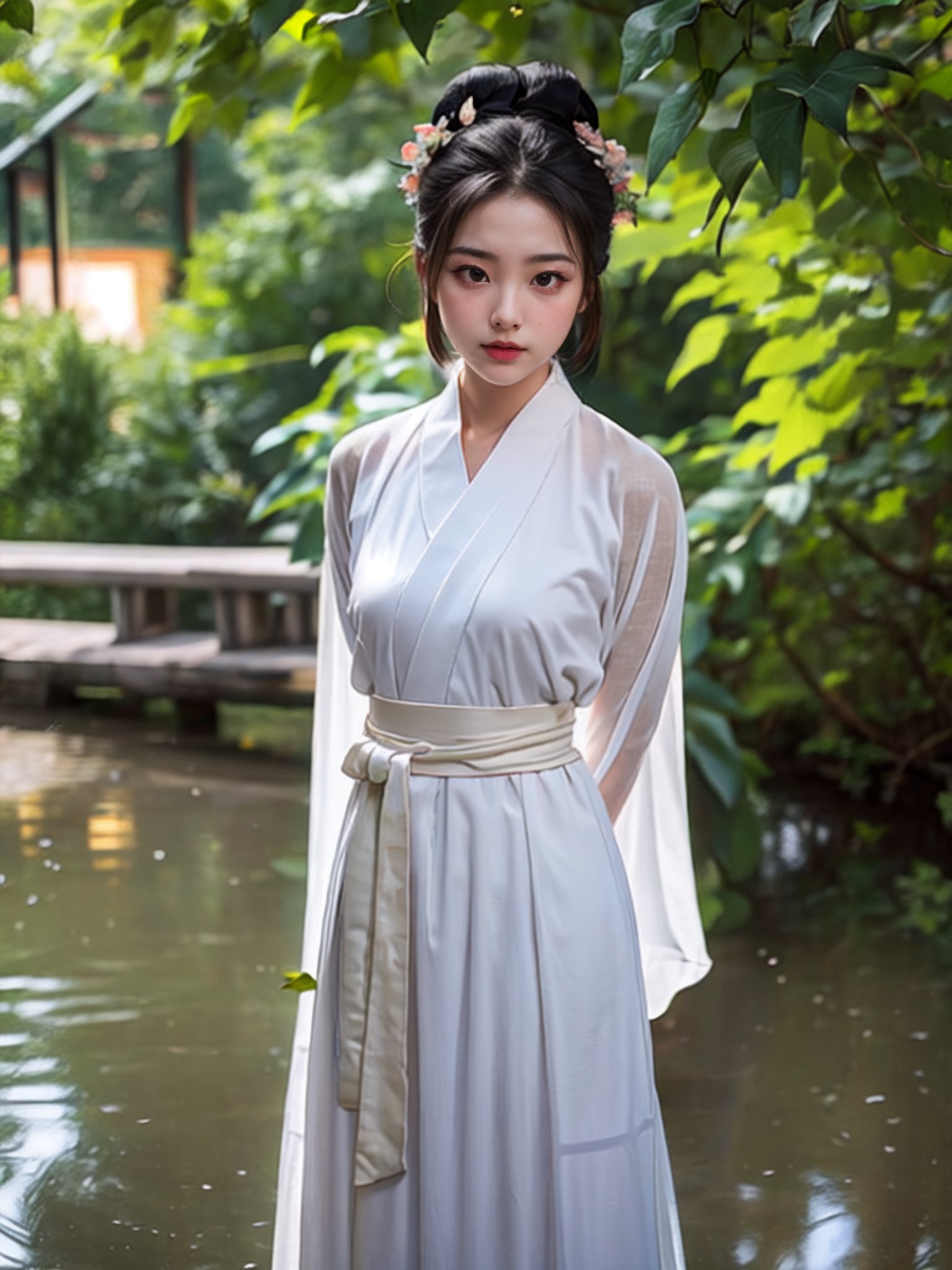 1girl,looking at viewer,bokeh,hanfu,<lora:好吃米-SD1.5-hanfu-000007:0.6>,upper body,arms_behind_back,