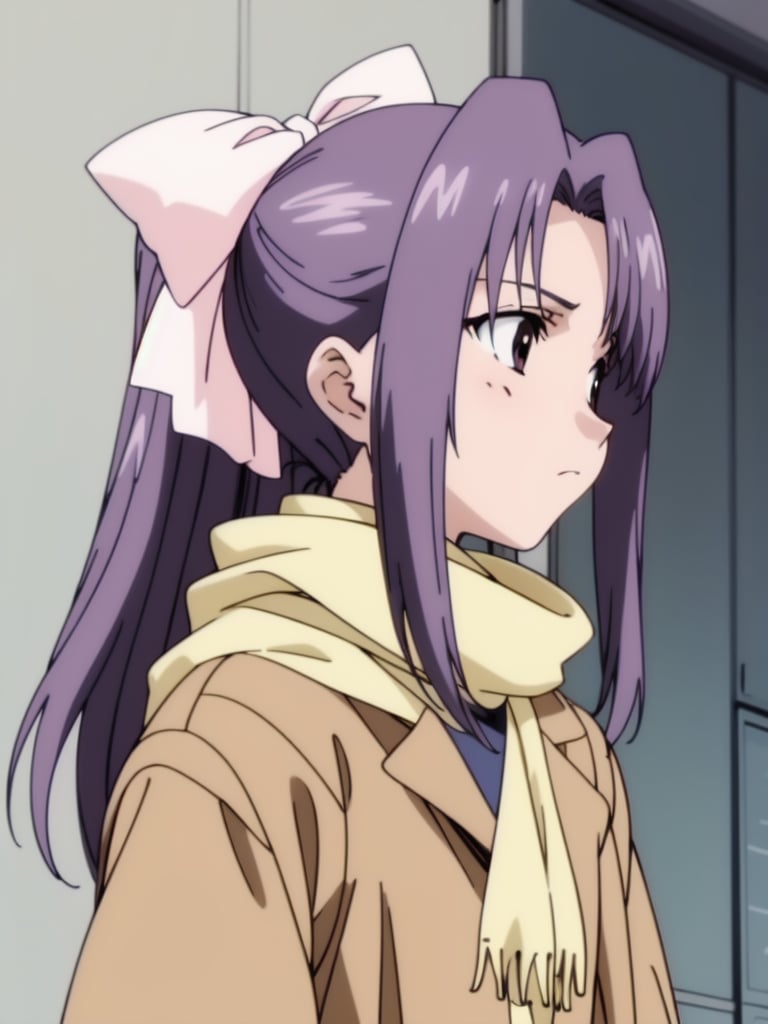 <lora:Koigakubo_Momoko:0.8>, koigakubomomoko, 1girl, solo, coat, scarf, profile, sidelocks, upper body, long sleeves, expressionless, from side, ribbon, bow, hair ribbon, class_room,  2000s \(style\), anime, anime_screencap, animated gif, mp4 ,video, animated, 