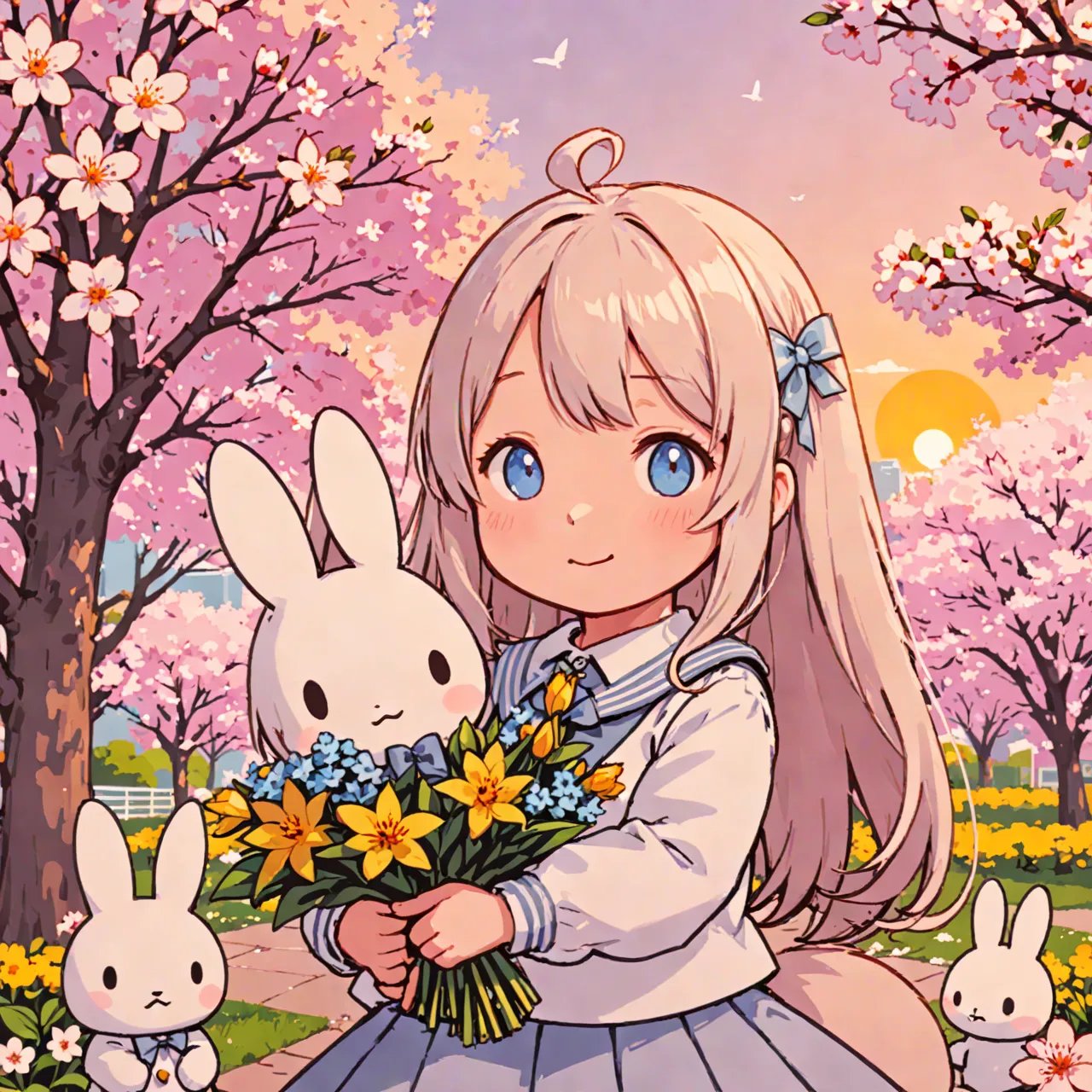 highres,best quality,pov,nsfw,Illustration of Miffy-chan from the dating sim game with a shy smile, wearing a cute school uniform with a pastel-colored bow, while holding a bouquet of flowers. The background should feature a romantic setting with cherry blossoms in full bloom and a soft, warm sunset