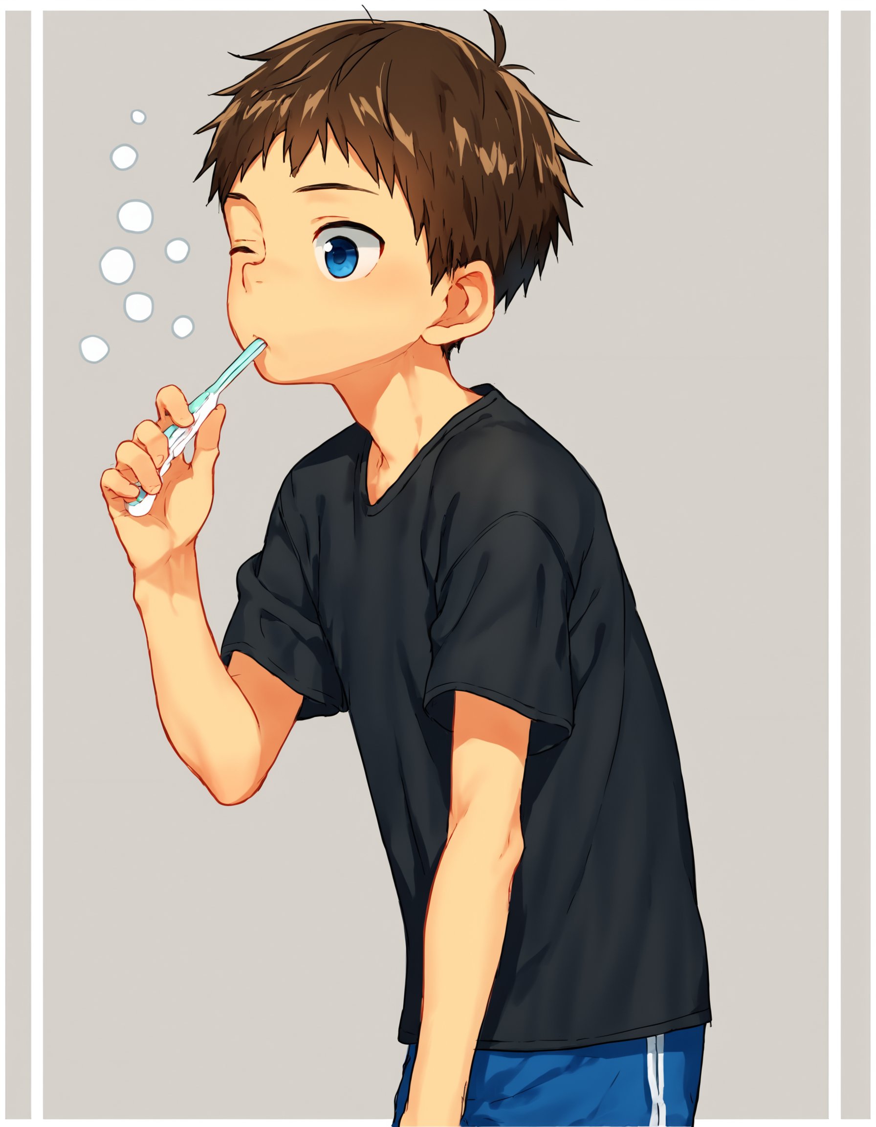 score_8, score_8_up, score_7_up, score_6_up, source_anime, simple background, geometric shapes, white border, 1boy, solo, brown hair, blue eyes, solo, t-shirt, shorts, standing, waking up, toothbrush in mouth <lora:fujimodoki-amxl-v1c-ShoAI:1>