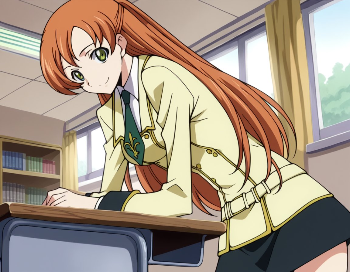 score_9, score_8_up, score_7_up, source_anime,shirleyfenette, <lora:shirley-fenette-s1-ponyxl-lora-nochekaiser:1>,shirley fenette, orange hair, green eyes, half updo, long hair,ashford academy school uniform, buttons, long sleeves, necktie, school uniform, skirt, black skirt,indoors, classroom, smile, bent over,looking at viewer, dutch angle, cowboy shot, solo,