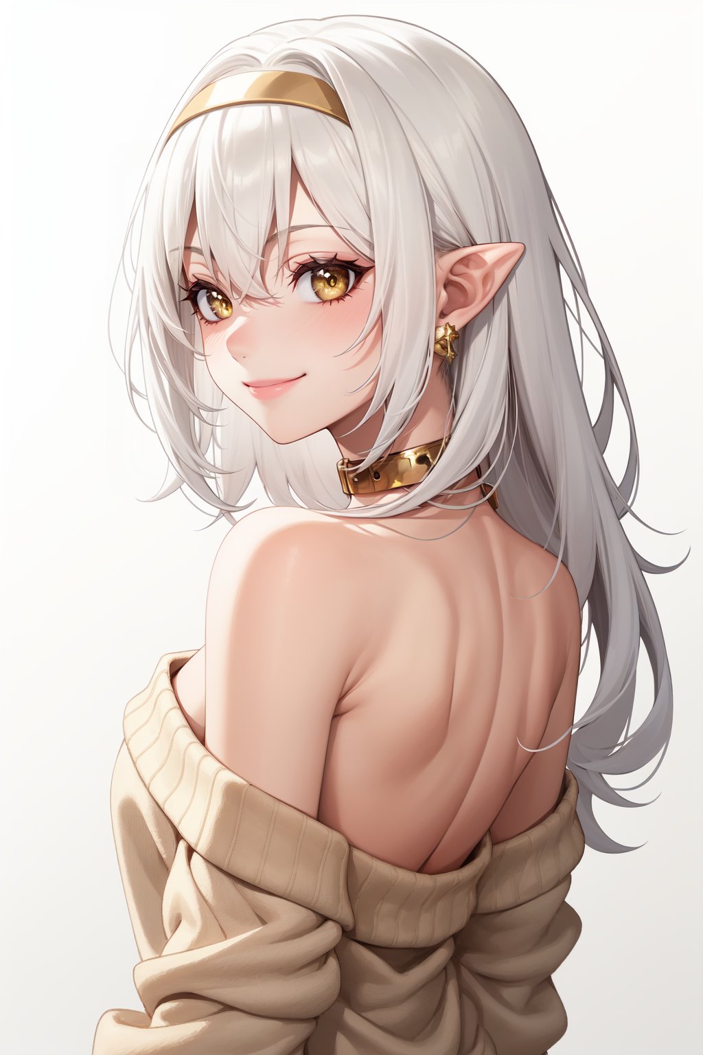 1girl, solo, upper body, from behind, white hair, long hair, gold hairband, pointy ears, gold collar, yellow eyes, looking at viewer, smile, (beige sweater:1.1), collarbone, off shoulder, strapless, white background, simple background,