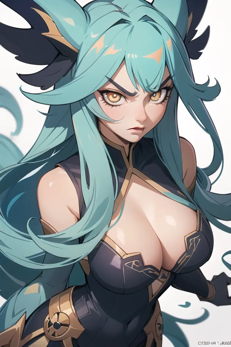 Korean creature known as (Gumiho), constricted pupils, (annoyed:1.3), 2d art, 2d render, splash art, digital art, hard shading, 1girl, female focus, (monster girl:1.0), monster girl encyclopedia, incredibly absurdres, best quality, detailed, large breasts, cleavage