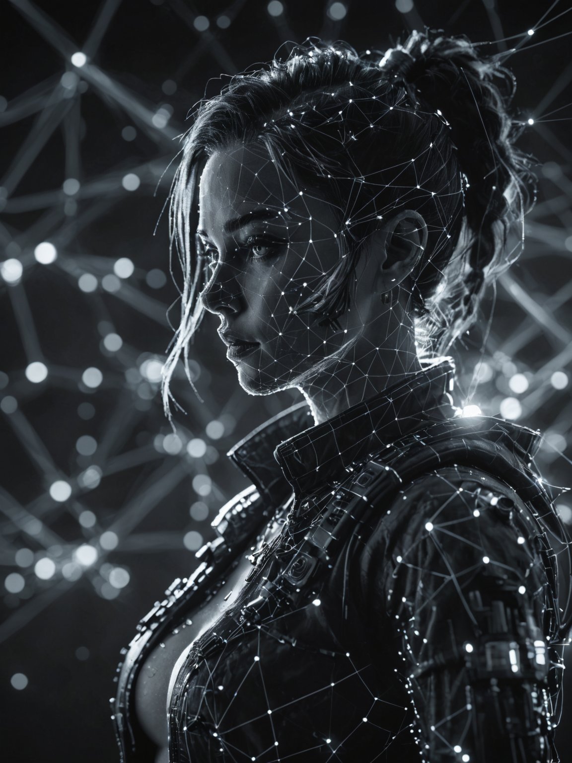 dataviz style, black and white network data visualization in the shape of a cyberpunk girl,  masterpiece , hyper detailed, unreal engine, blue tones, stars <lora:dataviz_style_xl_v1:1>