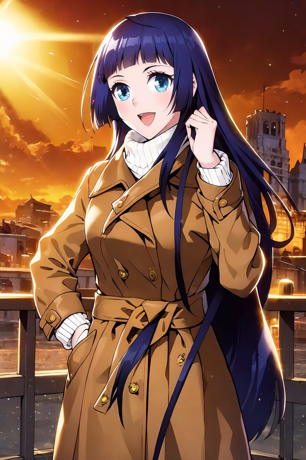 HDR,UHD,best quality,Highly detailed,masterpiece,Professional,<lora:熏儿:1>,xe,1girl,solo,long hair,looking at viewer,smile,open mouth,bangs,blue eyes,very long hair,blue hair,:d,blunt bangs,bag,sweater,coat,hand in pocket,