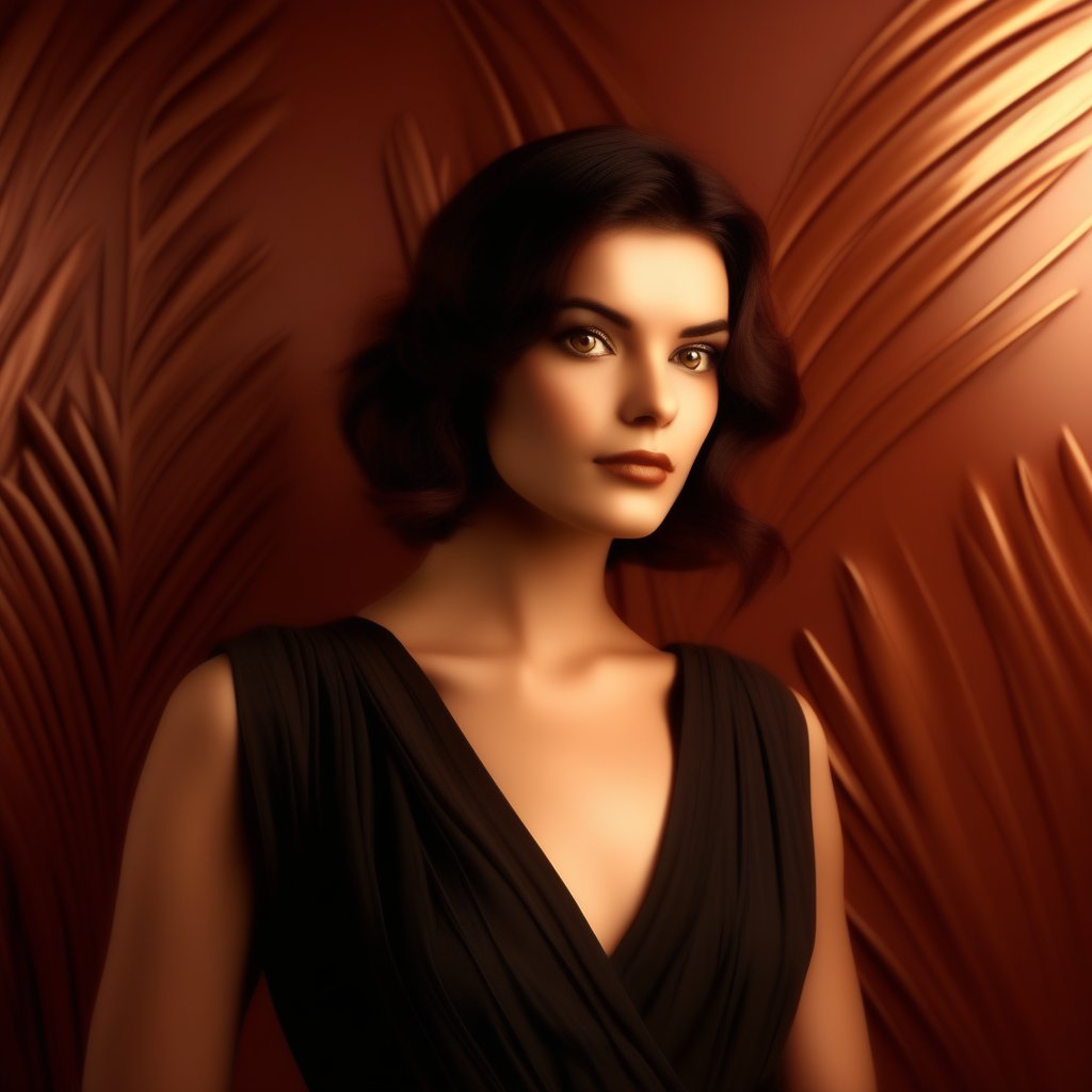 Against the plain, terracotta backdrop of an Art Deco design, a charismatic individual poses waist-up, their dark brown hair styled with subtle texture and eyes locking onto the camera lens with unbridled confidence. The soft, warm glow illuminates them highlighting delicate features and accentuating their figure.