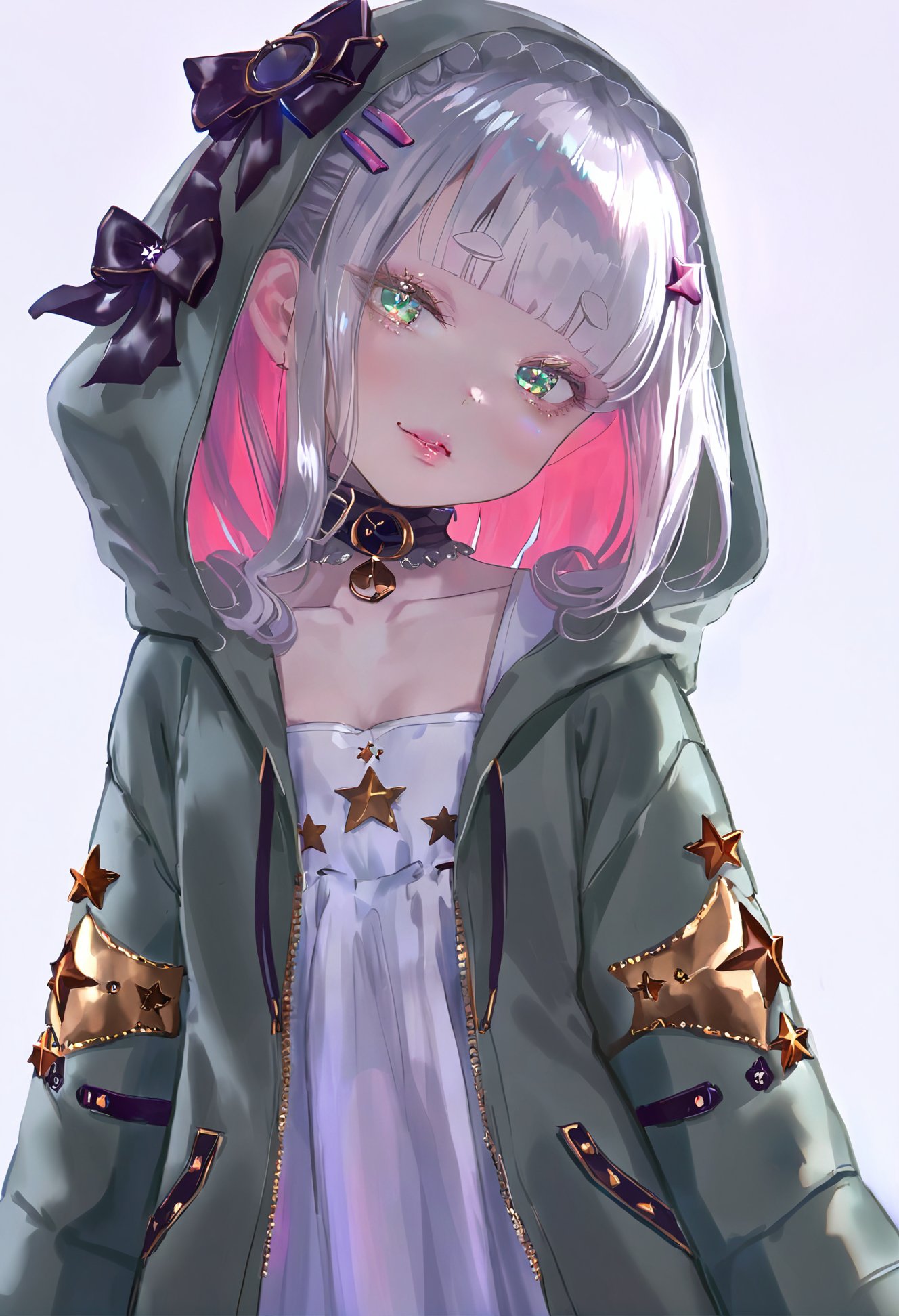 masterpiece, best quality,1girl,   solo, virtual youtuber, long hair, looking at viewer, parted lips, long sleeves, blue eyes, upper body, hair ornament, hood, bangs, jacket, star \(symbol\), dress, white hair, multicolored eyes, blush, hairclip, green eyes, collarbone, hooded jacket, white background, blunt bangs, wavy hair, green jacket, hood down, choker, white dress, simple background, wide sleeves, head tilt, sidelocks <lora:1111111XLlokr8f-000187:0.95>