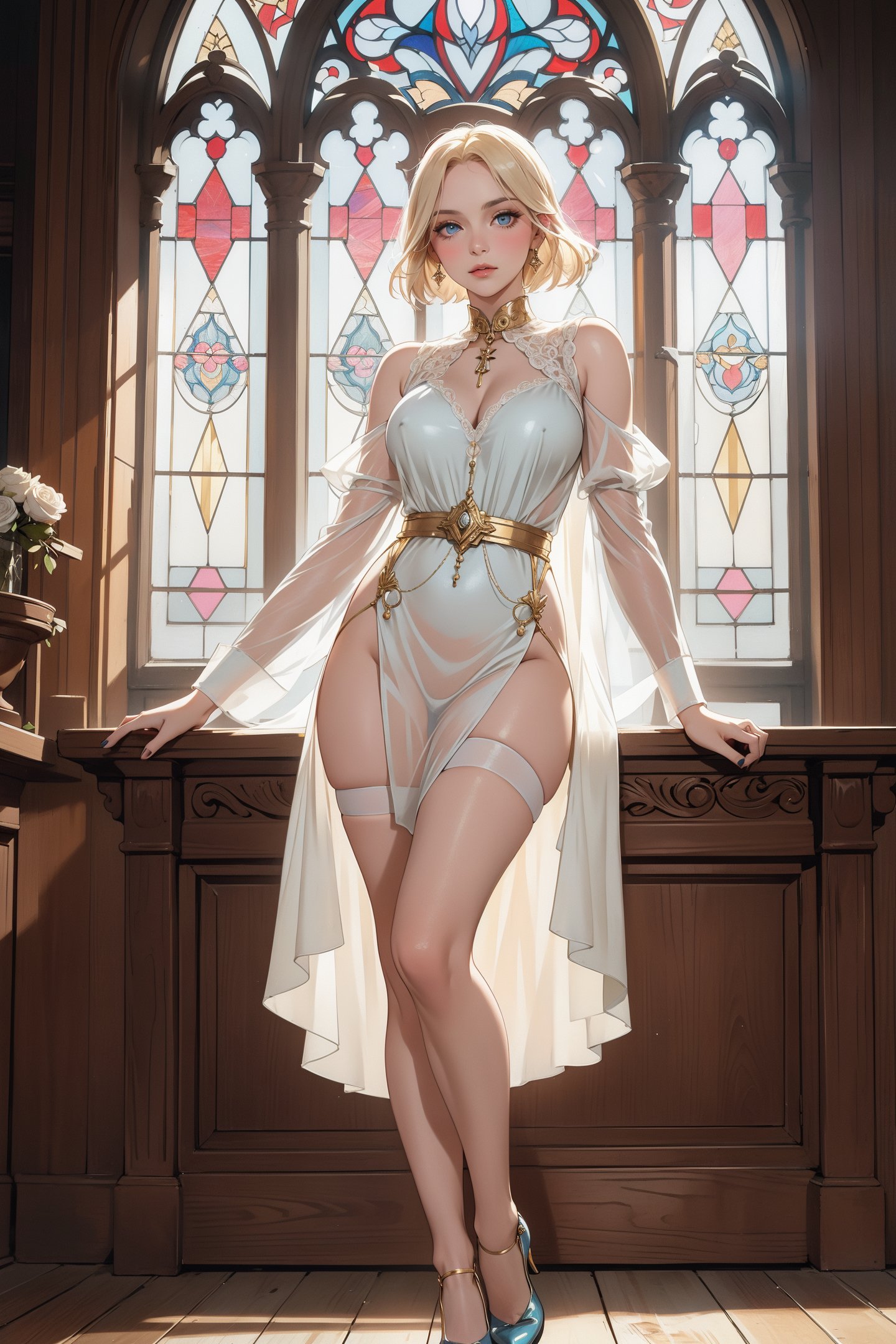 editorial photoshoot of a young beautiful blond woman wearing a transparent 1920s low cut gold transparent dress,in the background, ,wooden herringbone floor,stained glass windows,large breasts,elegant,pale blue eyes,coco Chanel,editorial,looking at viewer,low dynamic angle,stockings,stiletto shoes,raw,photorealistic,75mm,amber valetta,elegant portrait pose,flowers butterflies,