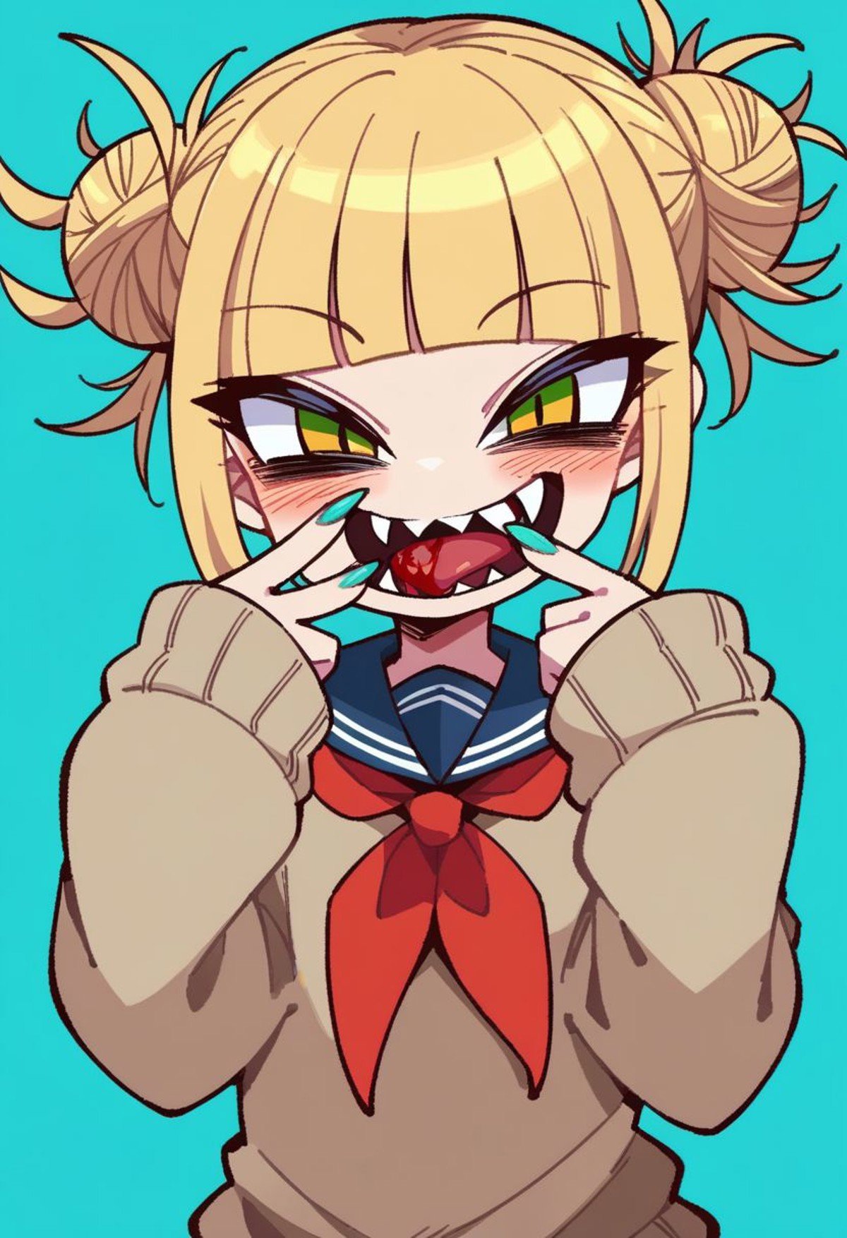 score_9, score_8_up, score_7_up, source_anime, toga himiko, BREAK 1girl, aqua background, aqua nails, blonde hair, blood, blood from mouth, blue sailor collar, blunt bangs, blush, brown sweater, double bun, fangs, finger to own chin, fingernails, furrowed brow, green eyes, grey background, hair bun, hands up, long sleeves, looking at viewer, multicolored background, nail polish, neckerchief, open mouth, red neckerchief, sailor collar, sharp fingernails, sharp teeth, short hair, sidelocks, sleeves past wrists, smile, solo, sweater, teeth, tongue, two-tone background, upper body