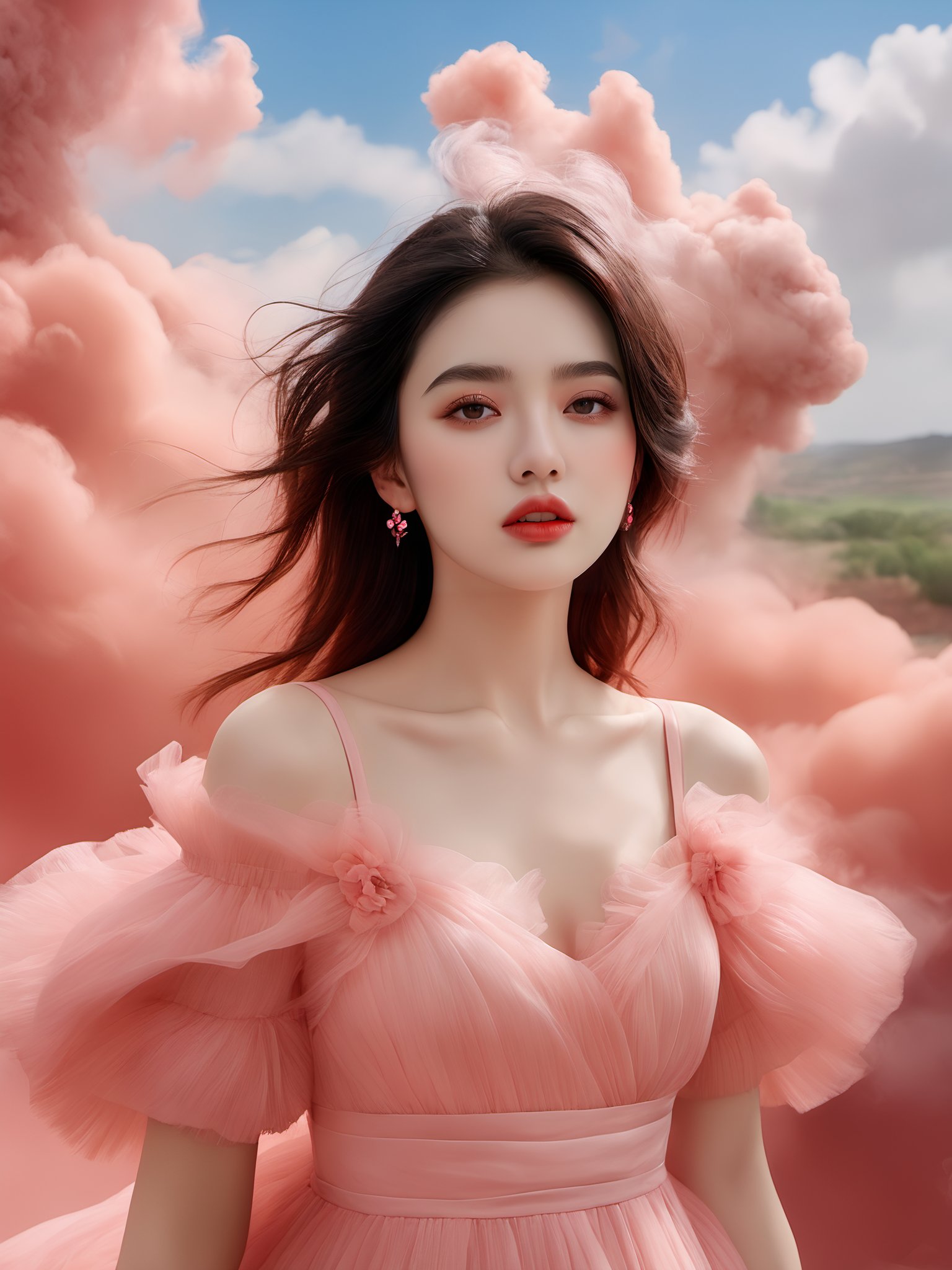 photorealistic,realistic,photography,masterpiece,best quality,ultra-detailed,extremely detailed CG unity 8k wallpaper,a beautiful girl, close mouth, red lips, beautifull face, full body, wearing dress, any pink smoke,cloud,pink dress, over viewer, <lora:JAY PINK CLOUD DRESS XL:0.8>, (best quality:1.3)