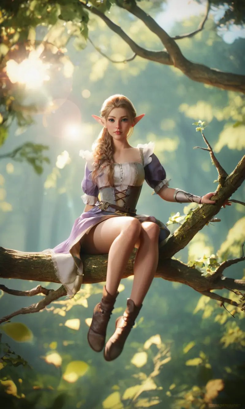 score_9, score_8_up, score_7_up, BREAK, 1girl, looking at viewer, medieval elf hunter sitting in a tree branch with a bow, :3, evergreen rainforest, lens dirt, lens flare, (depth of field:1.2), shart focus, realistic, slacestyle, <lora:sLaceStyle_v1:0.8>