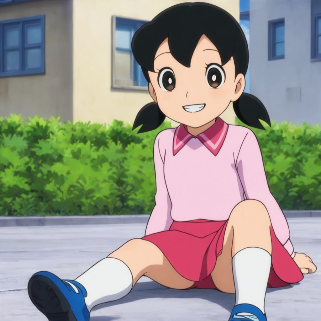 minamoto shizuka,1girl, solo, skirt, twintails, red skirt, black hair, smile, shirt, outdoors, sitting, black eyes, looking at viewer, yokozuwari, bright pupils, low twintails, long sleeves, shoes, pink shirt, white pupils, collared shirt, grin, day, socks, white socks, short twintails, on ground, building, full body, blush, arm support, teeth, sky,masterpiece, perfect face, best quality, beautiful eyes, shiny eyes, anime coloring, anime screencap, absurdres, award winning,<lora:minamoto shizuka aam 905:0.8>