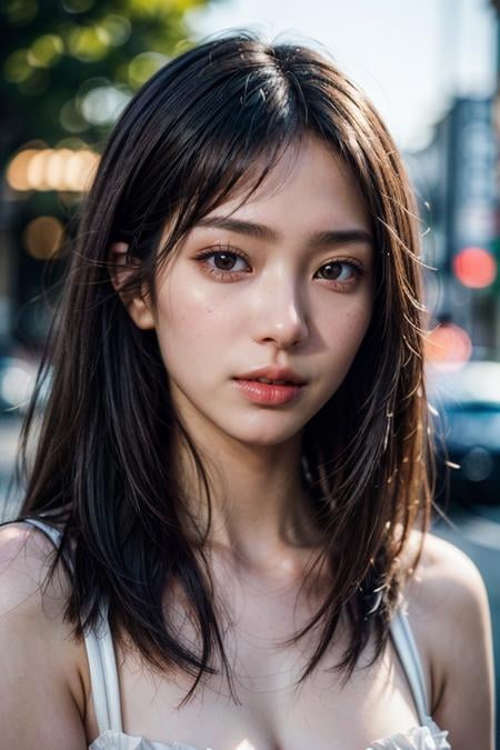 (masterpiece, best quality, hires, high resolution:1.2), (extremely detailed, intricate details, highres), (medium close-up:1.2) portrait on a (Tokyo street sunny background:1.2), (medium shot:1.2), (face focus:1.1), (soft focus:1.2), low lighting, (out of focus:1.2), bokeh, f1.4, 40mm, photorealistic, raw, 8k, ((textured skin:1.1, skin pores:0.3, realistic skin:1.1)), intricate details, 1girl,  (ultra sharp image), black hair, perma straight hair style, very beautiful girl,  <lora:cuteGirlMix4_v10:0.20>,  <lora:add_detail:1.2>,  <lora:taiwanDollLikeness_v1:0.09>,  <lora:InstantPhotoX3:0.3>