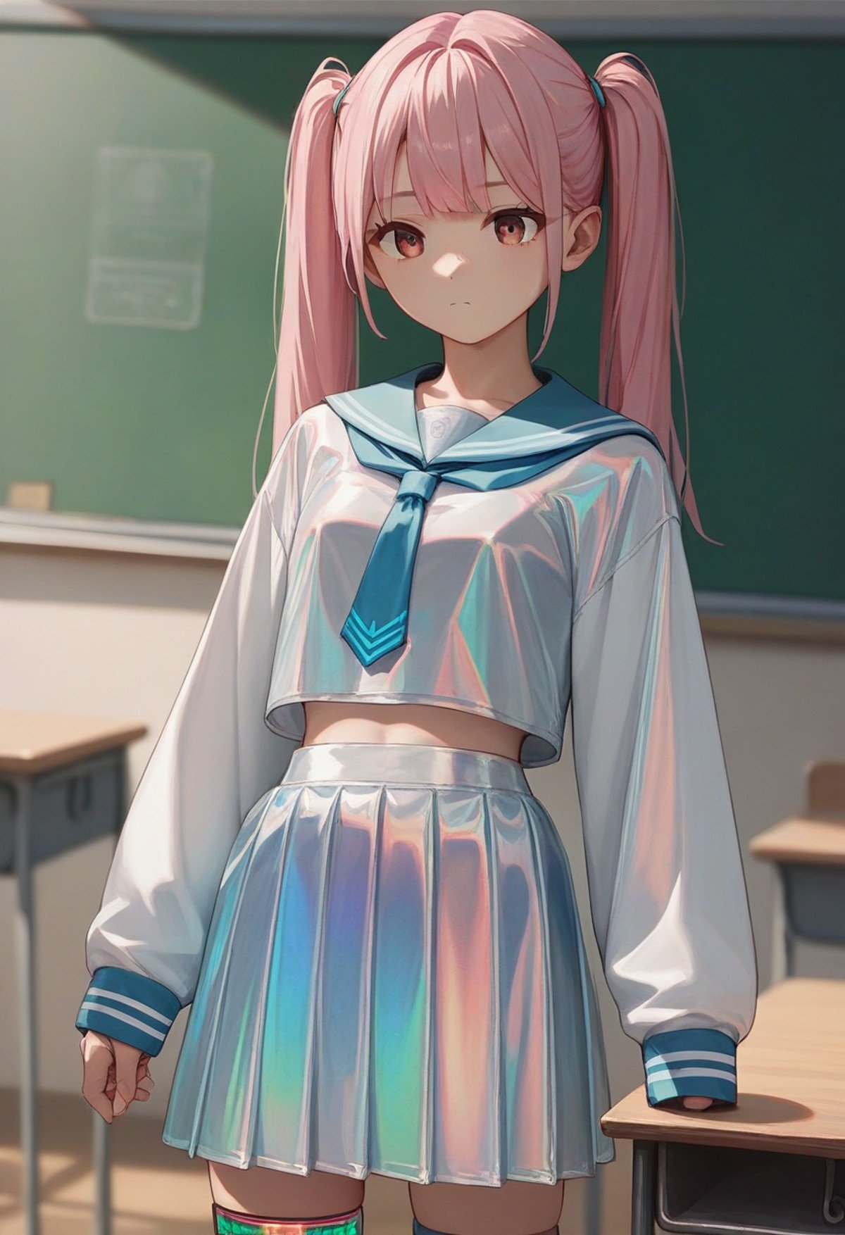 score_9, score_8_up, score_7_up, score_6_up, source_anime, <lora:holographic_v0.2-pony:1>1girl, pink hair, twintails, holographic shirt, serafuku, holographic thighhighs, classroom, long sleeves,