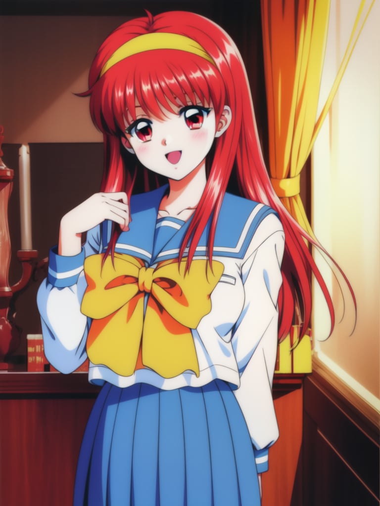 <lora:FujisakiShiori:1> FujisakiShiori, 1girl, solo, red hair, long hair,  hairband,   red eyes, yellow bow, school uniform, 　skirt,　pleated skirt,　serafuku,　blue skirt, long sleeves,  large_breasts, open mouth,,cowboy Shot, smile, blush, school in the room,masterpiece, high quality, very_high_resolution, large_filesize, full color, 